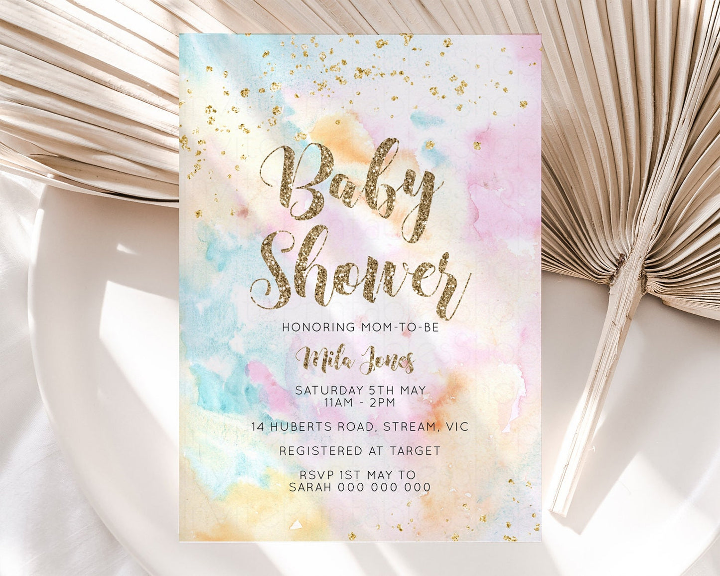Rainbow Baby Shower Invitation Pastel Watercolor Invitation Colorful Splash Gold Splatter Glitter Foil Sprinkles Confetti Editable G566
