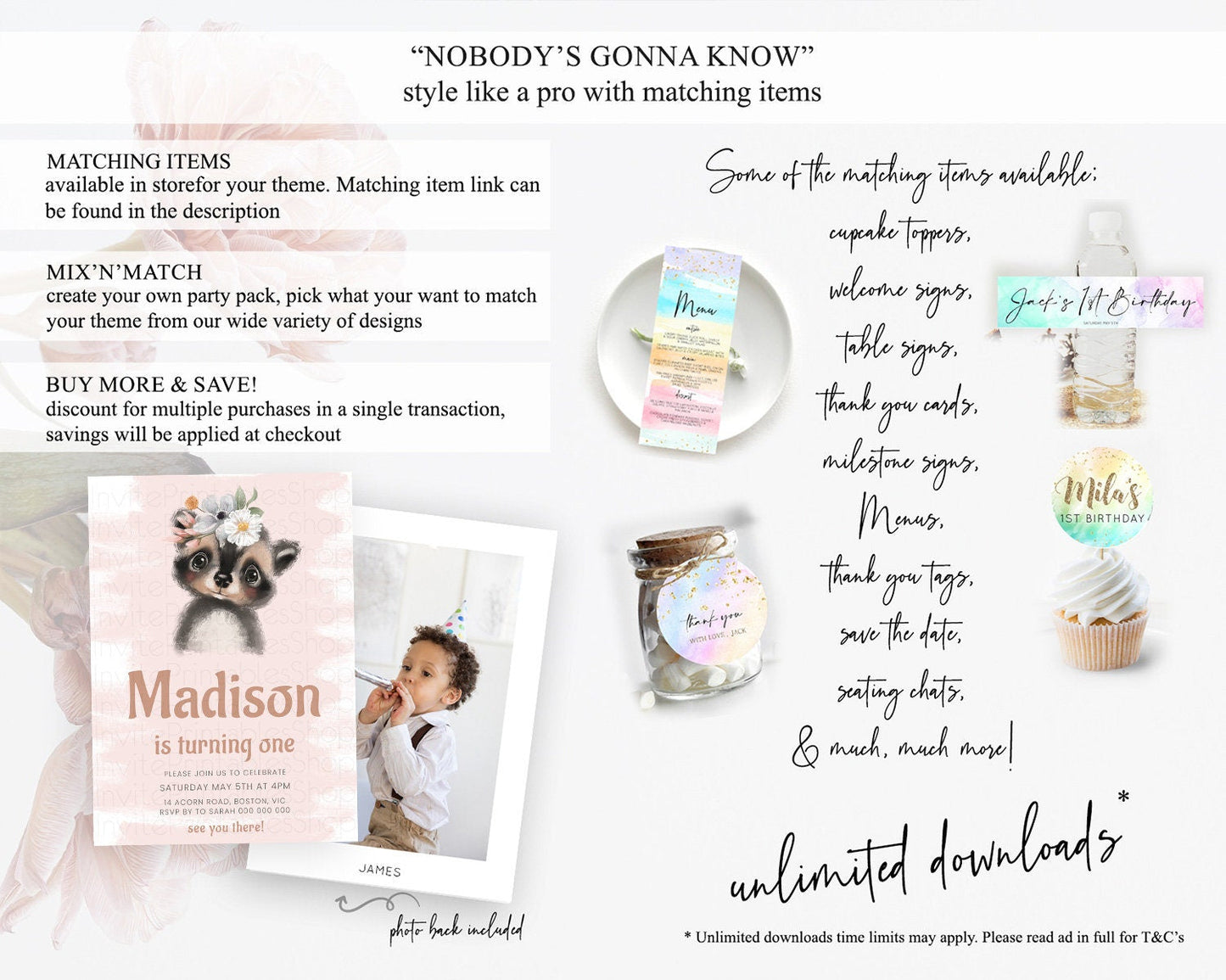 Raccoon Birthday Invitation, Enchanted Forest Adventure, Pink Woodland Theme, Baby Raccoon, 1st Birthday D10653