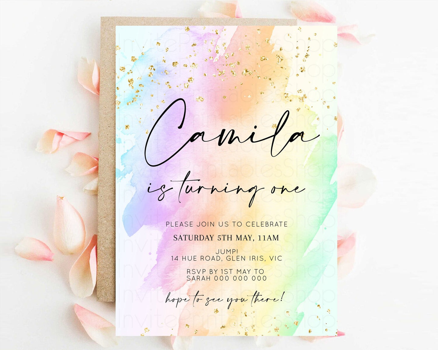 Rainbow Birthday Invitation Glitter Pastel Invitation Colorful Watercolor Gold Foil Splatter Sprinkle Ombre 1st 2nd 3rd Birthday Invite t602