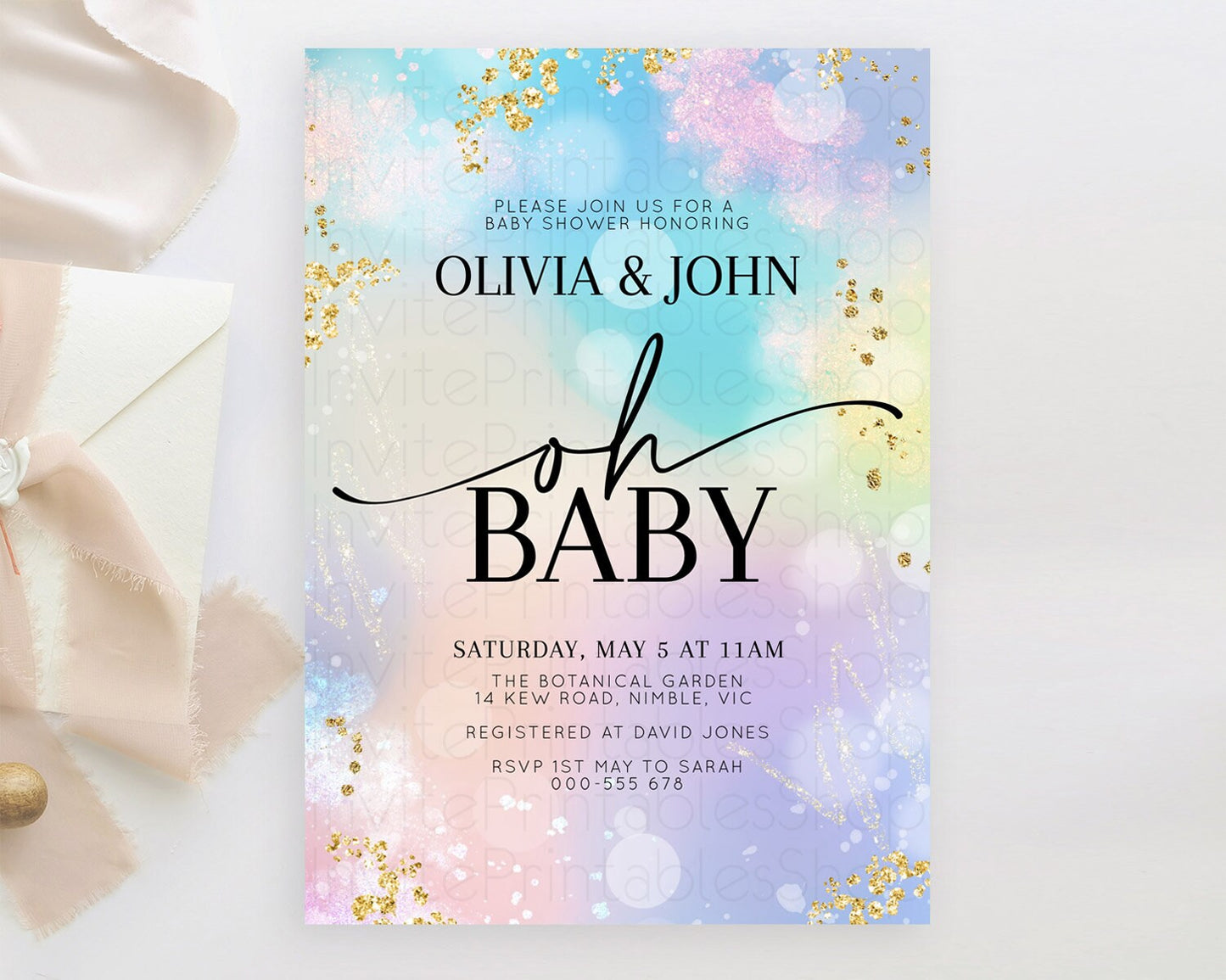 Pastel Baby Shower Invitation Rainbow Baby Shower Invitation Colorful Pastel Watercolor Invitation Gold Glitter Sprinkles Ombre D10675