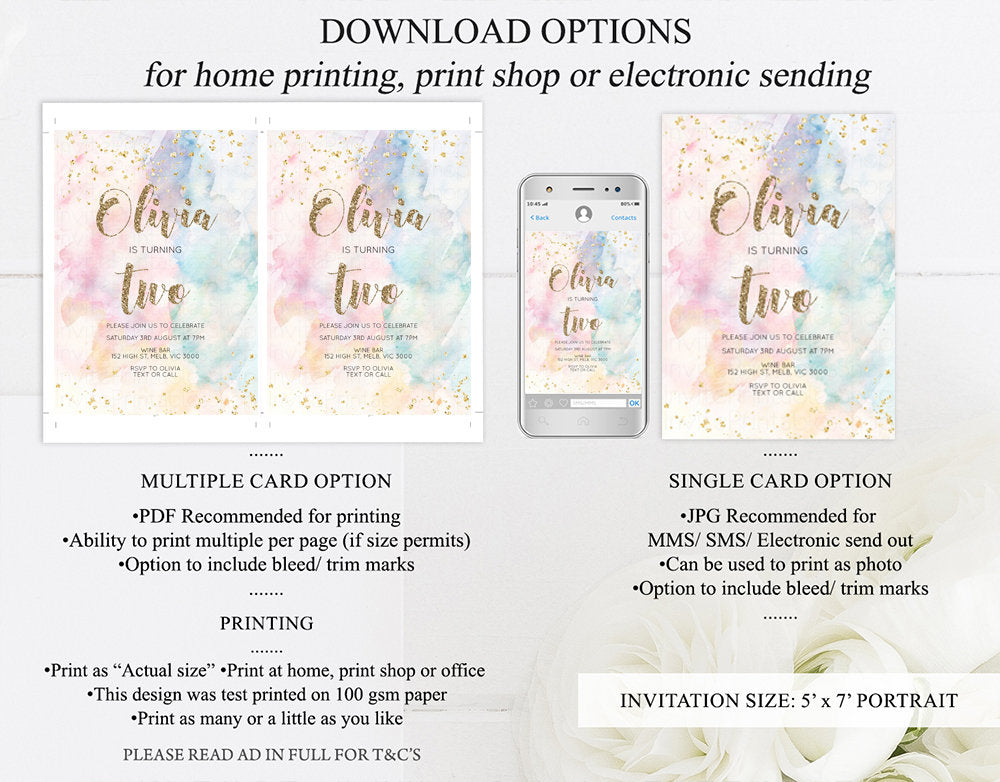 Rainbow Birthday Invitation Glitter Pastel Invitation Colorful Watercolor Gold Foil Splatter Sprinkles Ombre 1st 2nd 3rd Editable Invite 276