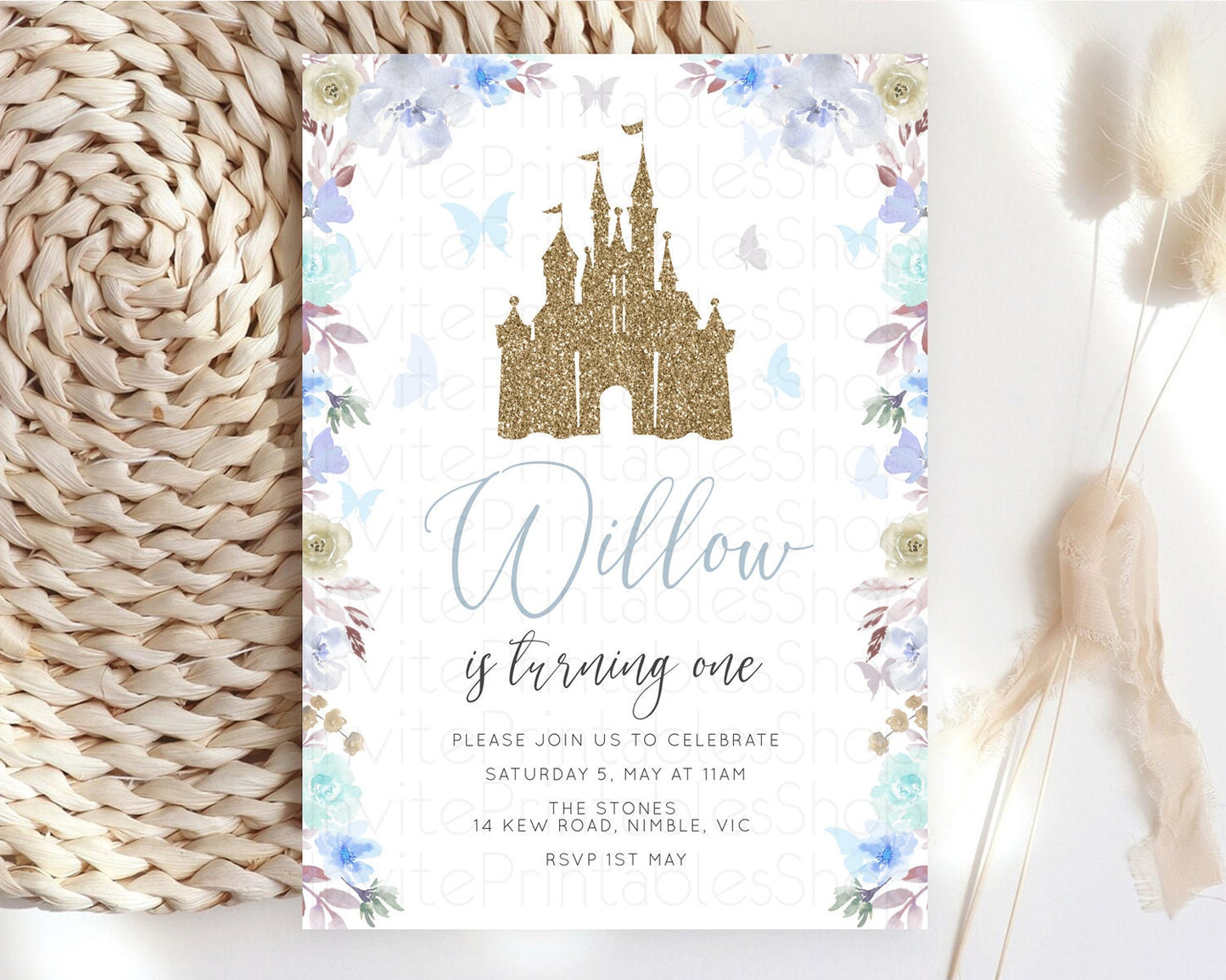 Princess Birthday Invitation Castle Invitation Royal Birthday Fairy Tale Enchanted Castle Pastel Floral Garden 1st First Birthday D10932