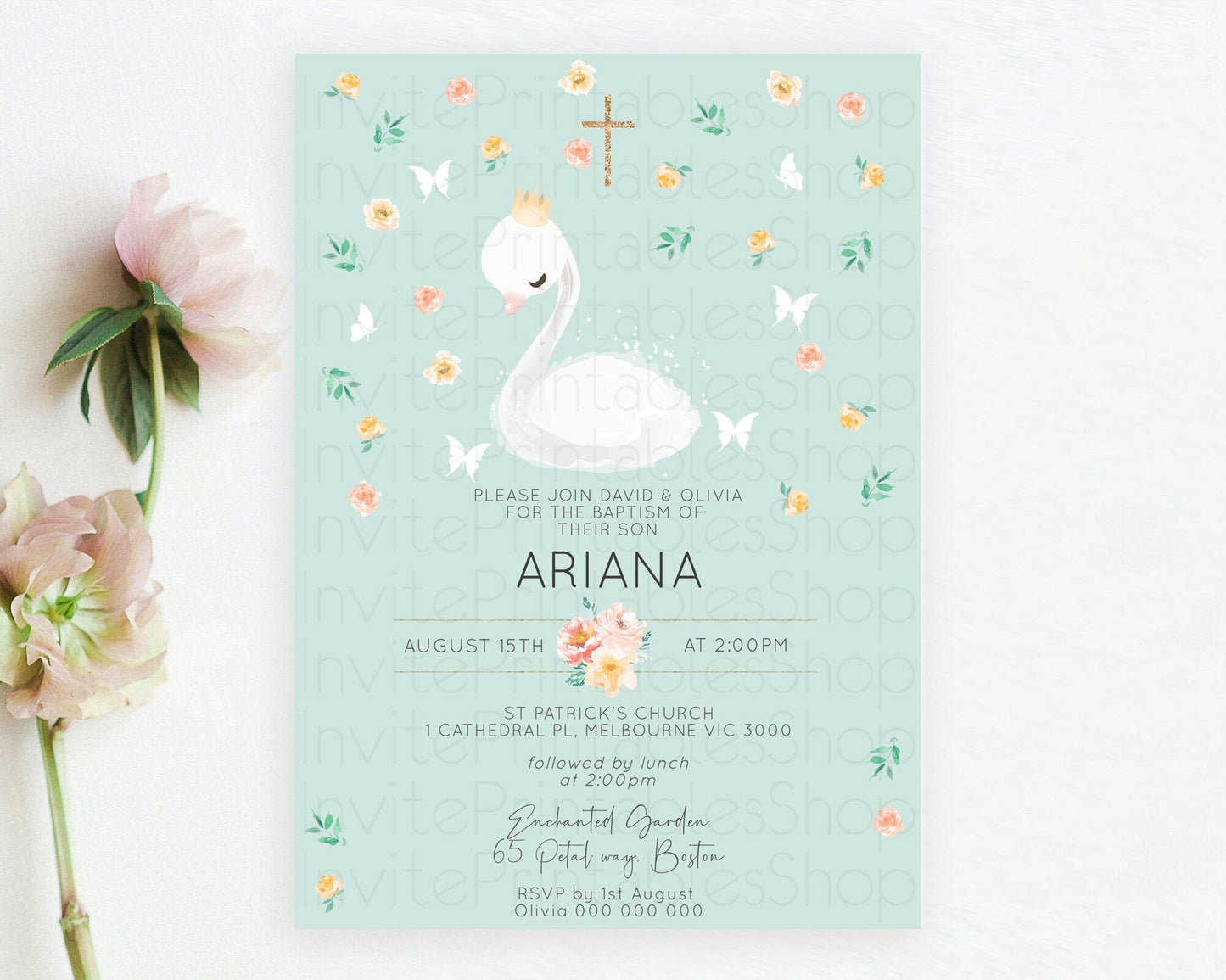 Swan Lake Baptism Invitation Swan Princess Ballet Baptism 1st Birthday Enchanted Forest Secret Garden Watercolour Pastel Floral D10905