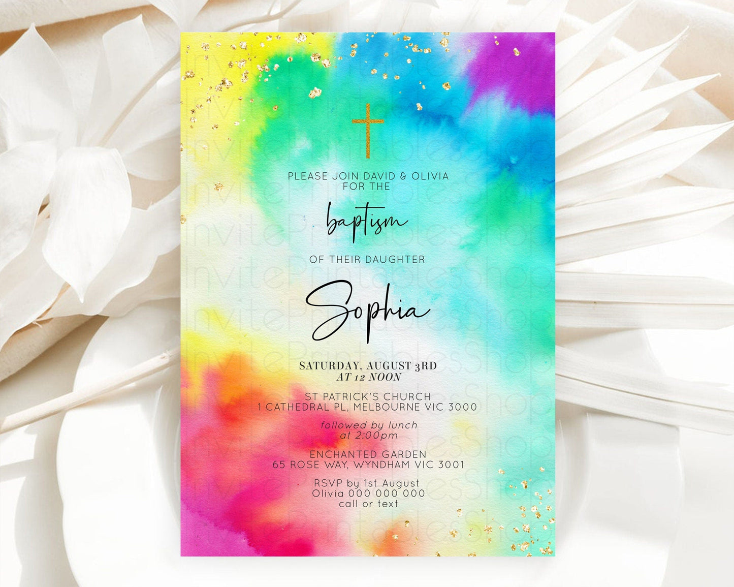 Tie Dye Baptism Invitation Rainbow Baptism 1st Birthday Invitation Pastel Ombre Colorful Christening Invitation Holy Communion D10462