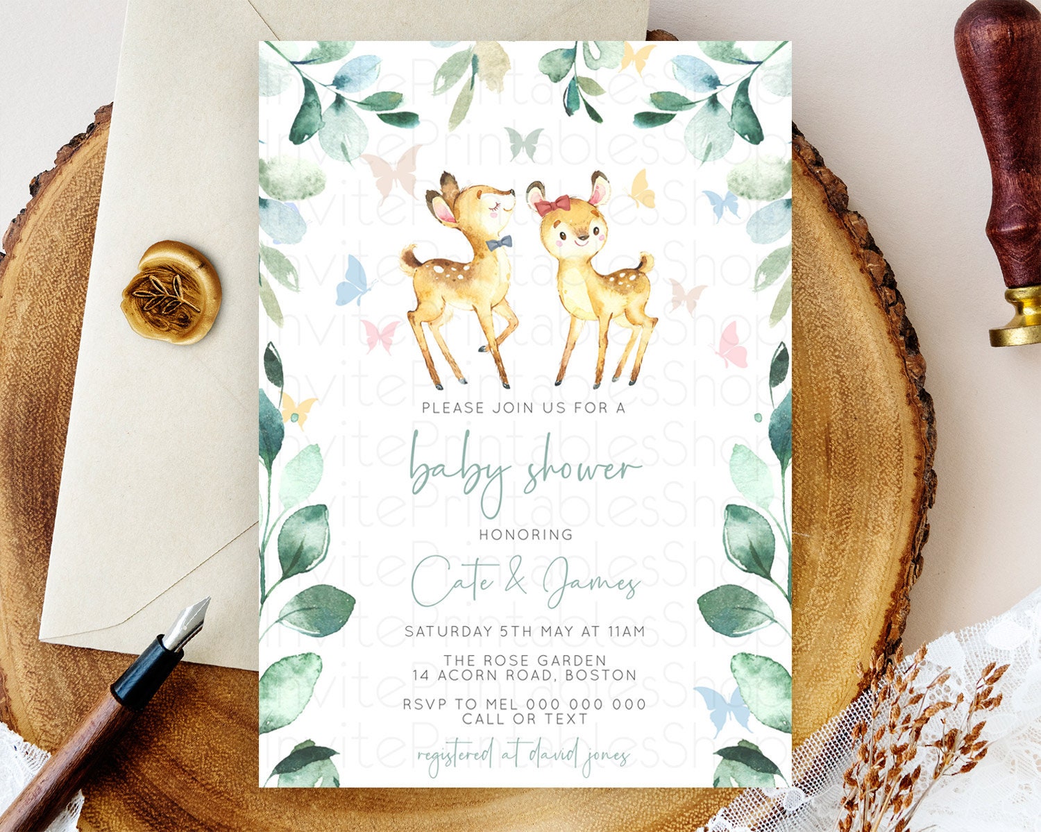 Editable Fawn Baby Shower Invitation, Forest Deer, Butterfly, Pastel Flowers
