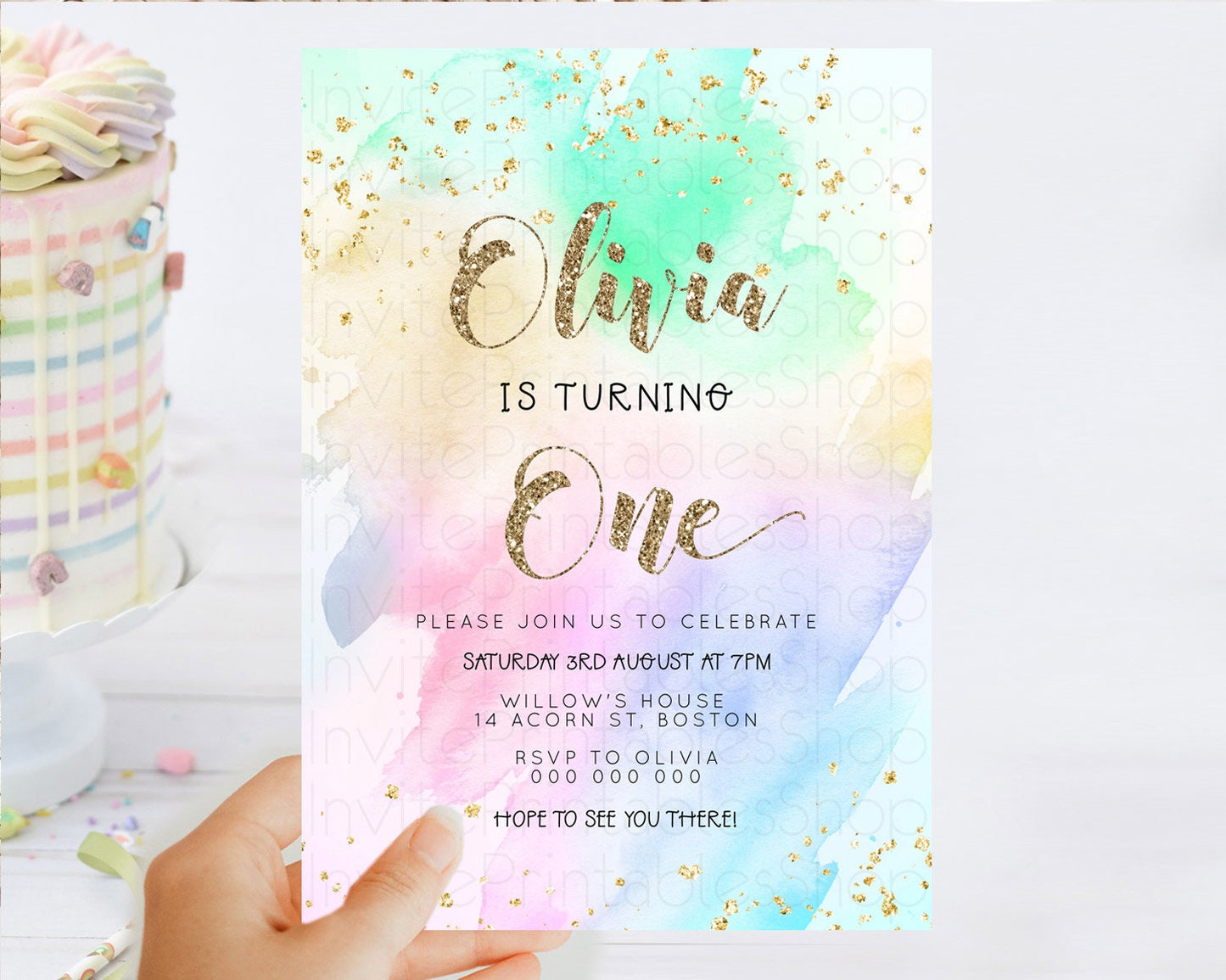 Rainbow Birthday Invitation Colorful Pastel Watercolor Invitation Gold Glitter Sprinkles Ombre Pastel 1st 2nd 3rd Birthday D23306