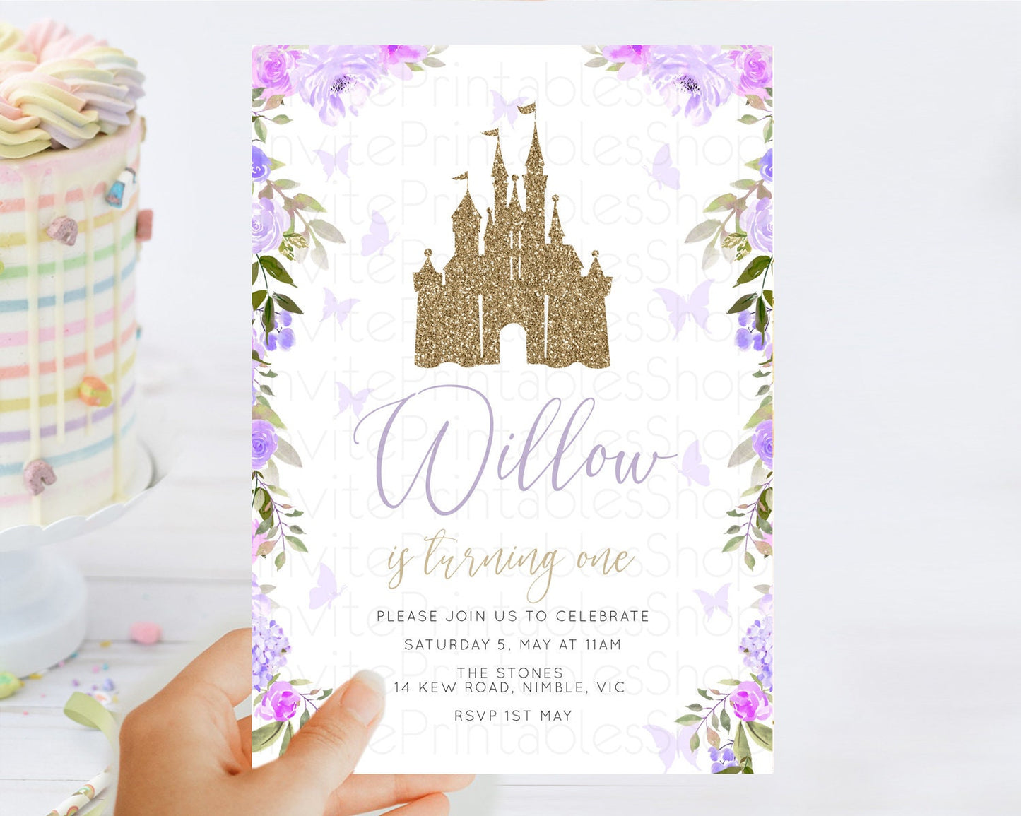 Princess Birthday Invitation Castle Invitation Royal Birthday Fairy Tale Enchanted Castle Pastel Floral Garden 1st First Birthday D10933