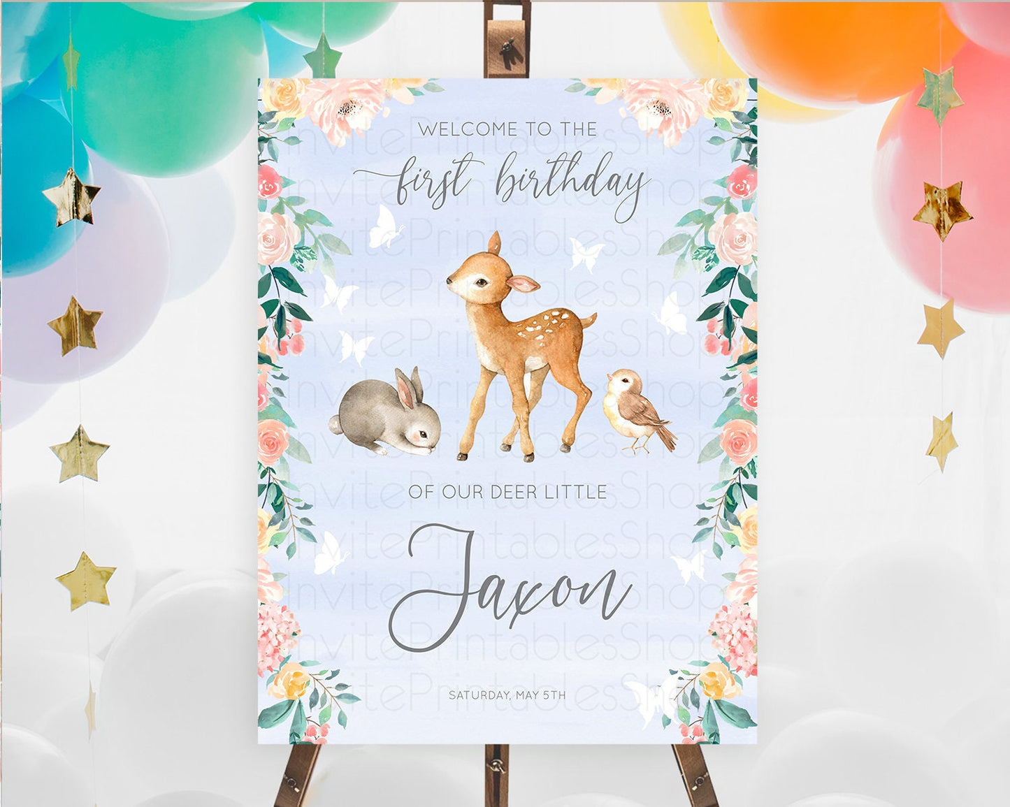 Fawn Welcome Sign Deer Welcome Board Floral Deer Welcome Poster Enchanted Forest Butterfly Pastel Floral First Birthday Welcome Sign D10920