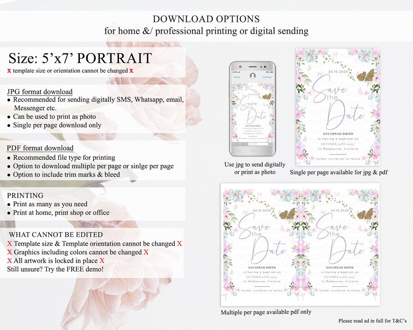 Fairy Save The Date Template Enchanted Garden Pastel Floral Butterfly Party Secret Garden Birthday Baptism Baby Shower Bridal Shower D10475