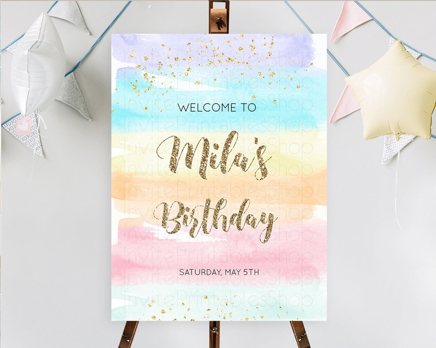 Pastel Welcome Sign Pastel Rainbow Welcome Sign Colorful Rainbow Confetti Watercolor Glitter Pastel First Birthday Welcome Sign D10508