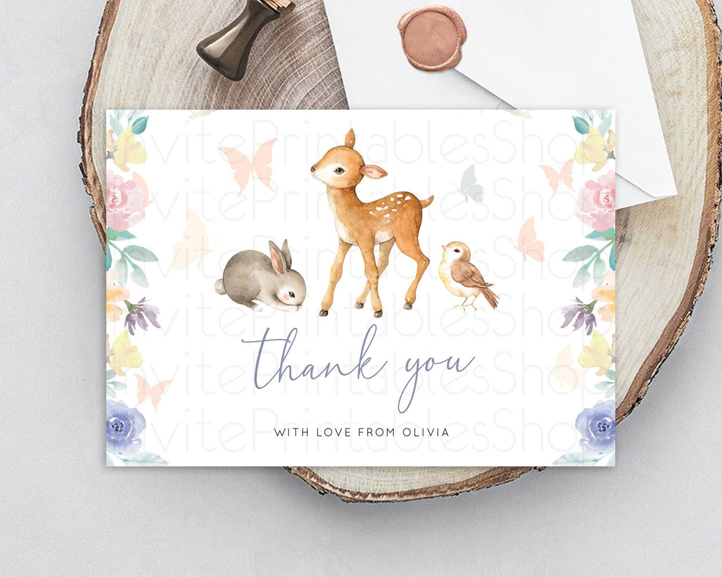 Fawn Thank You Deer Thank You Card Pastel Floral Deer Birthday Thank You Card Enchanted Forest Butterfly Deer Teacher Thank You Card D10930