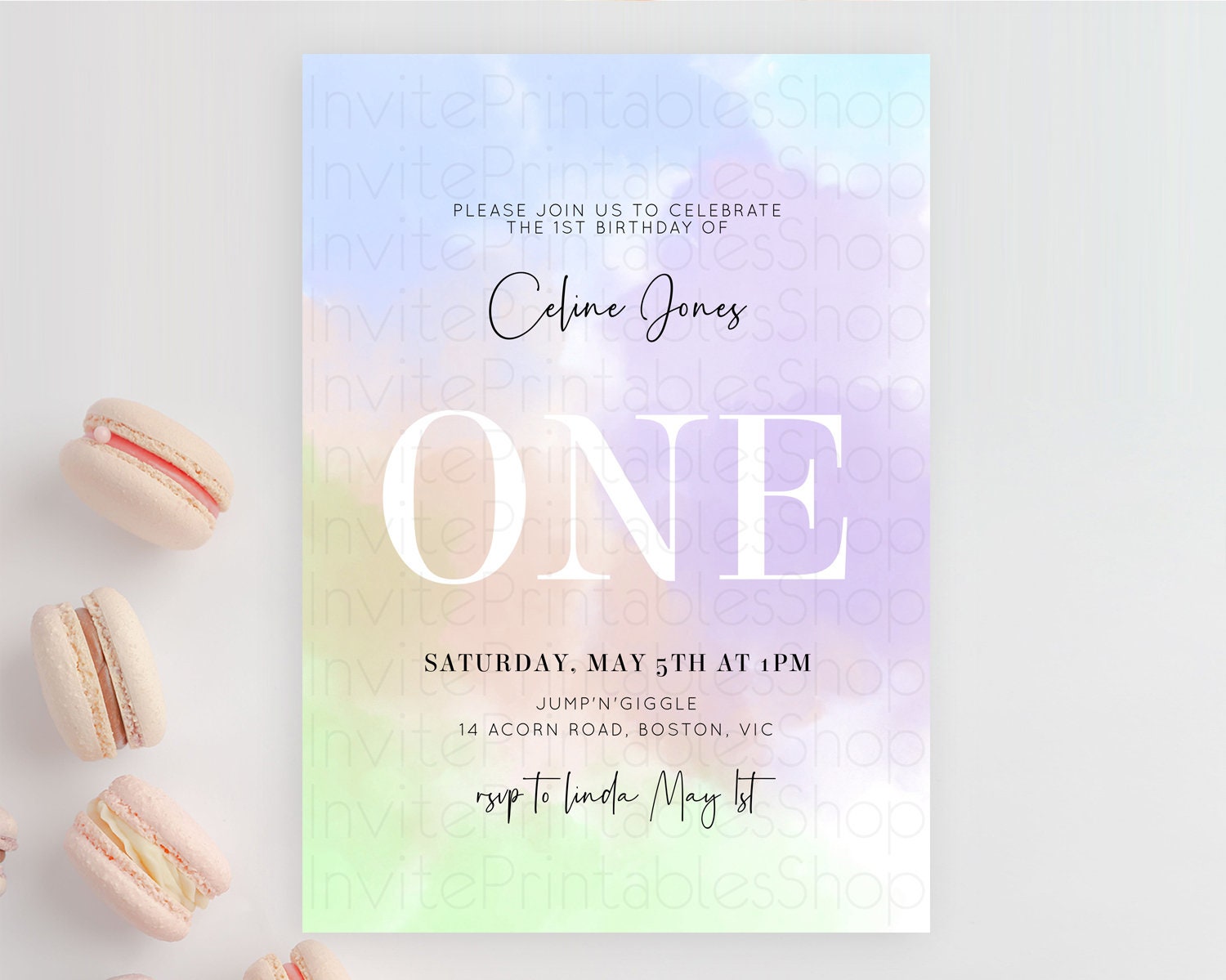 Editable Rainbow Birthday Invitation Colorful Pastel Watercolor Invitation G