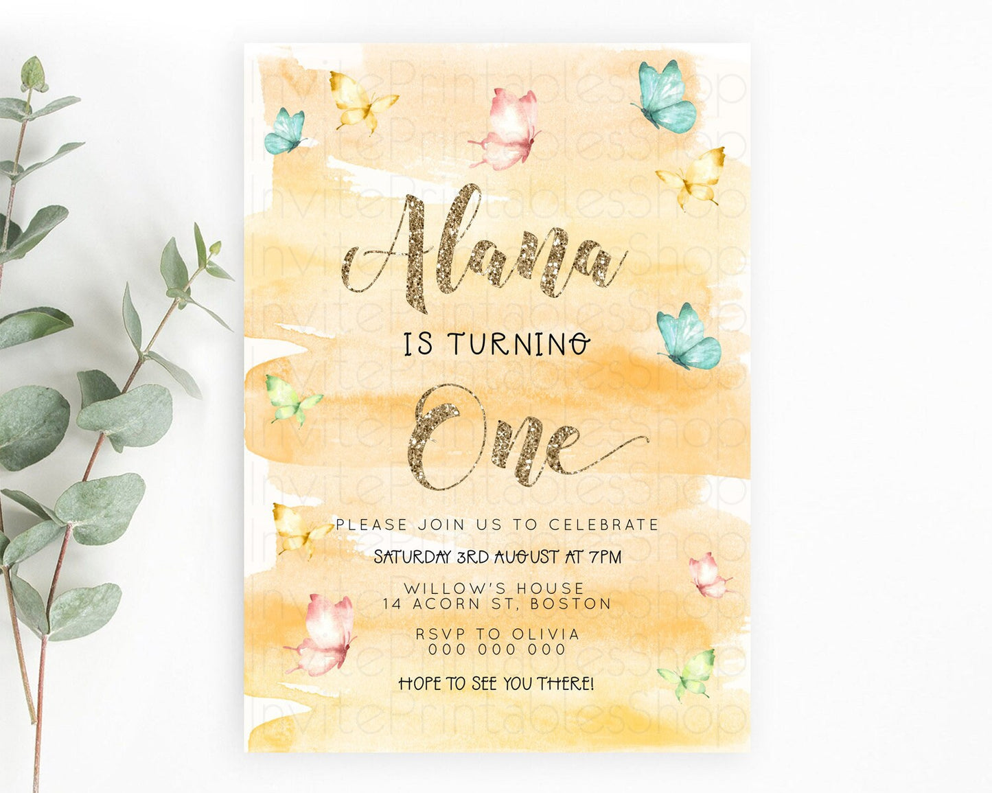 Pastel Butterfly Birthday Invitation Butterfly Birthday Invitation Colorful Splash Glitter Butterfly Garden 1st 2nd Birthday D23231