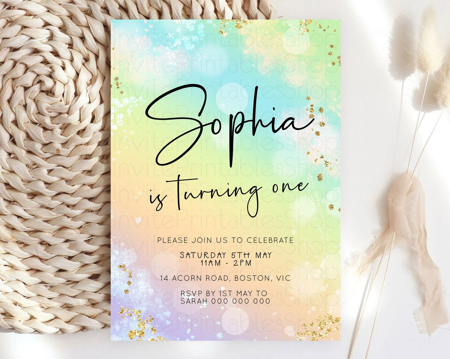 Pastel Birthday Invitation Ombre Watercolor Birthday Invitation Glitter Rainbow Color Splash 1st 2nd 3rd Birthday Invitation D23101