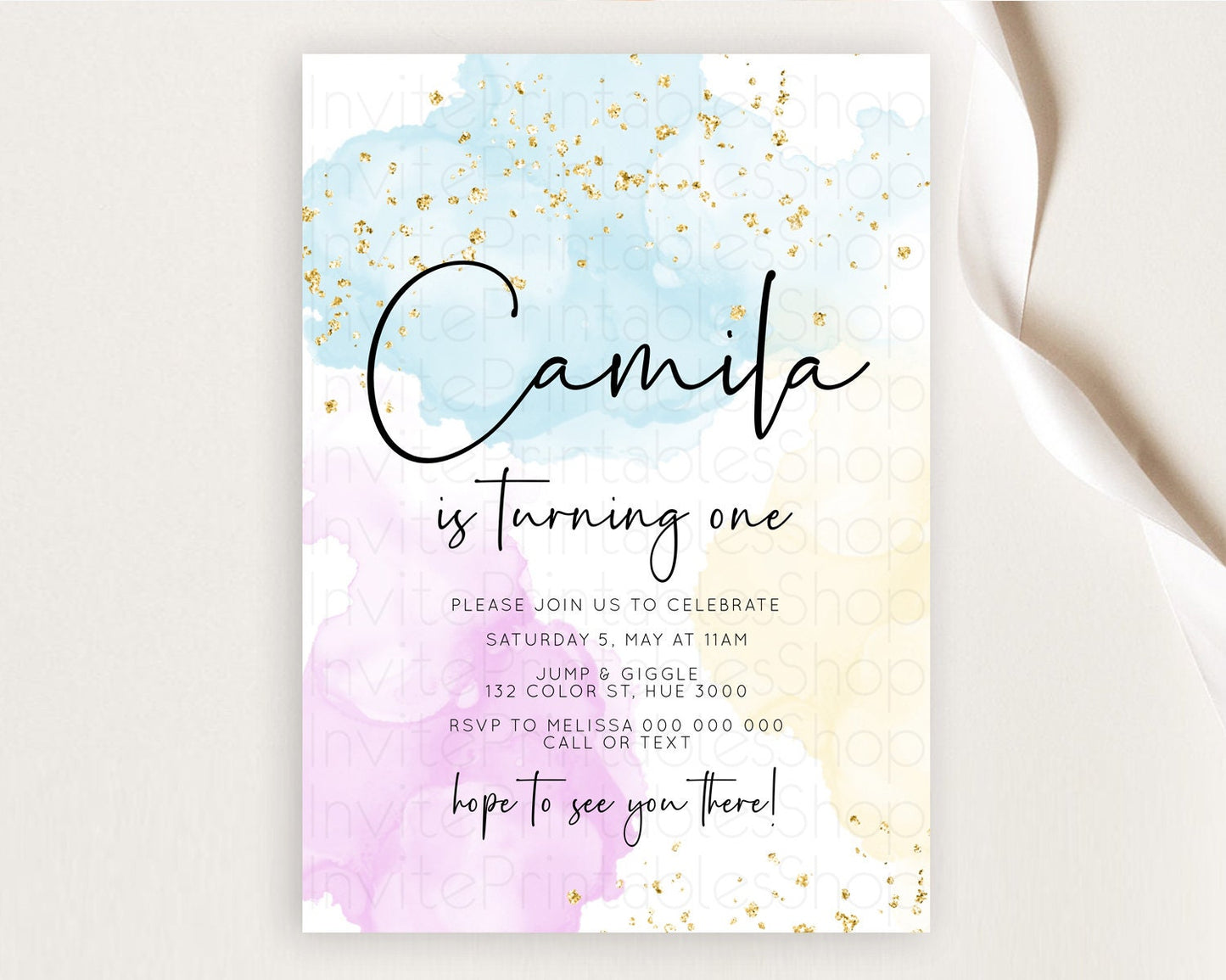 Rainbow Birthday Invitation Colorful Pastel Watercolor Invitation Gold Glitter Sprinkles Ombre Pastel 1st 2nd 3rd Birthday D10155