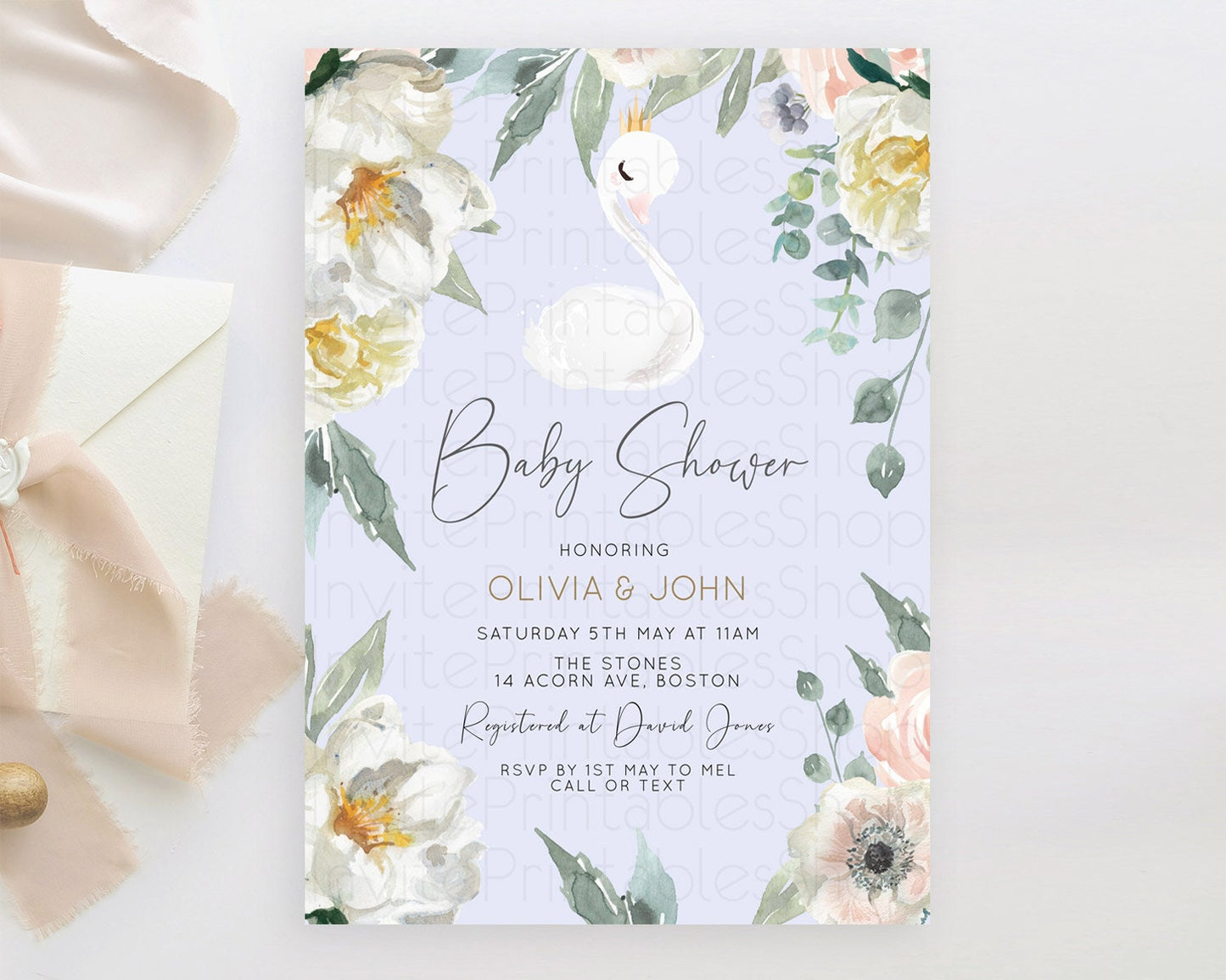 Swan Baby Shower Invitation Swan Princess Ballet Invitation Enchanted Forest Swan Lake Baby Shower Watercolour Pastel Floral D10756