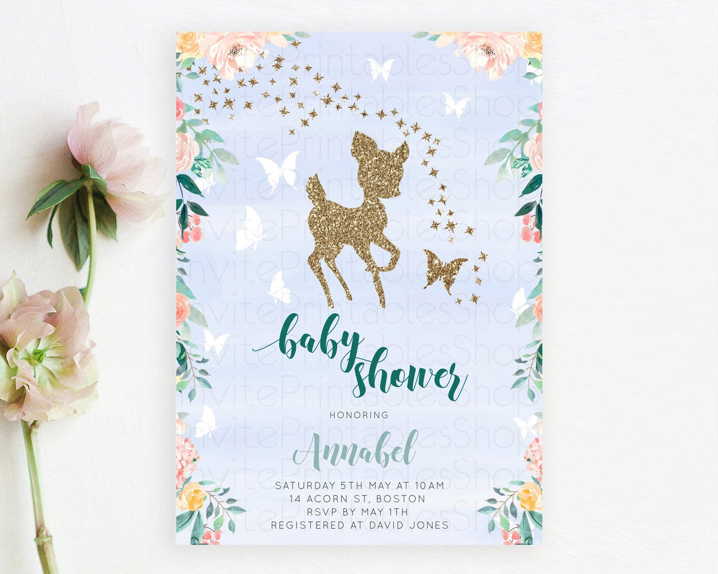Fawn Baby Shower Invitation Deer Baby Shower Invites Enchanted Forest Theme Butterfly Pastel Flowers Whimsical Baby Shower D10875