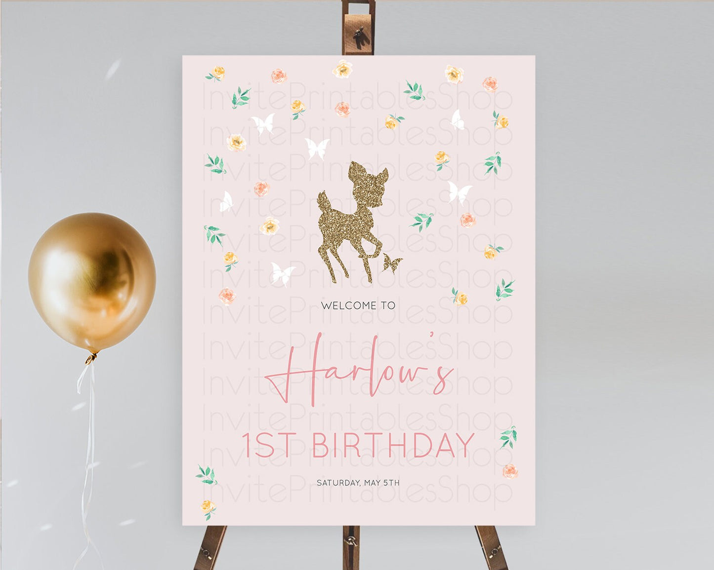 Fawn Welcome Sign Deer Welcome Board Floral Deer Welcome Poster Enchanted Forest Butterfly Pastel Floral First Birthday Welcome Sign D10386