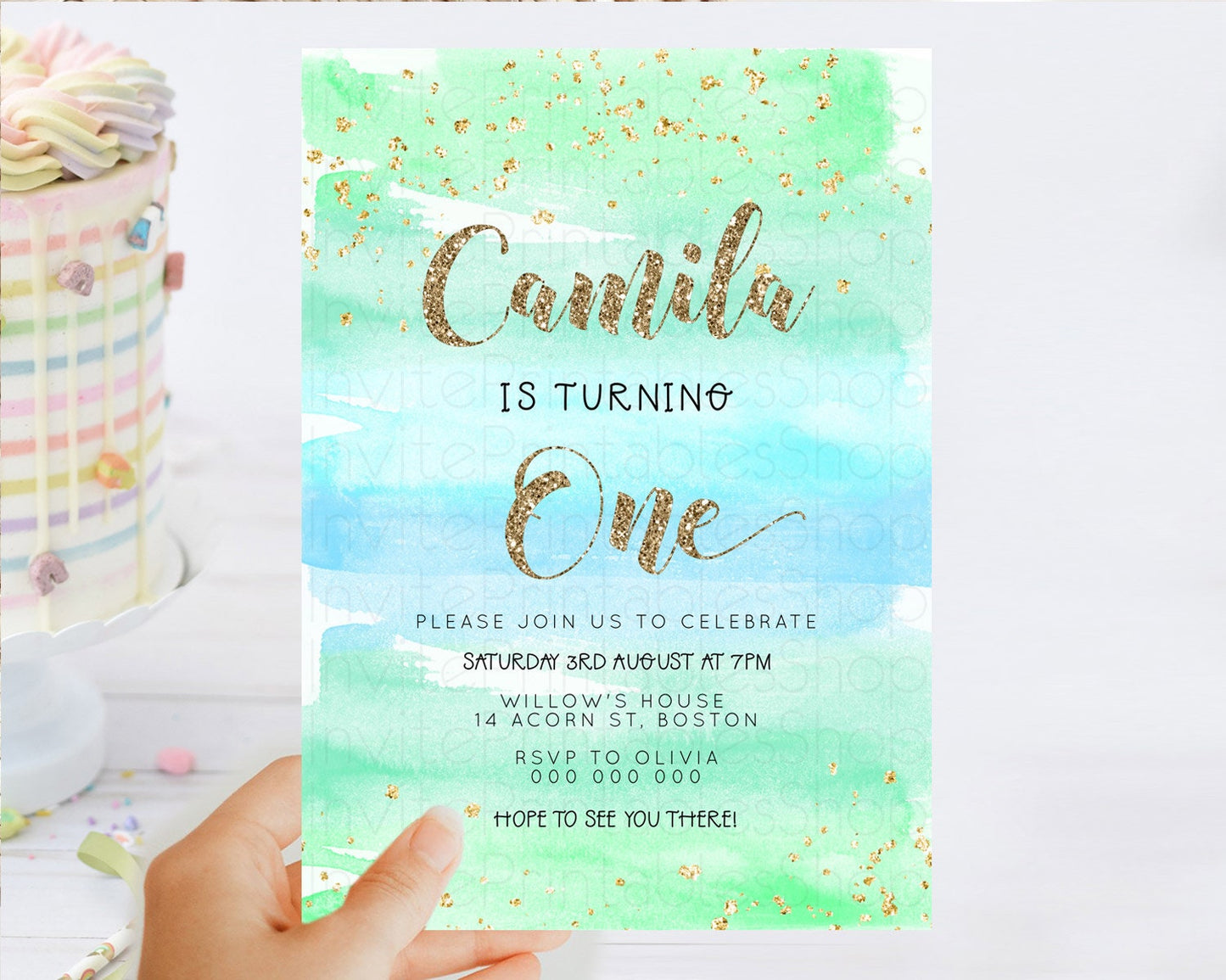 Editable Green Birthday Invitation green Watercolor Invitation Pastel green