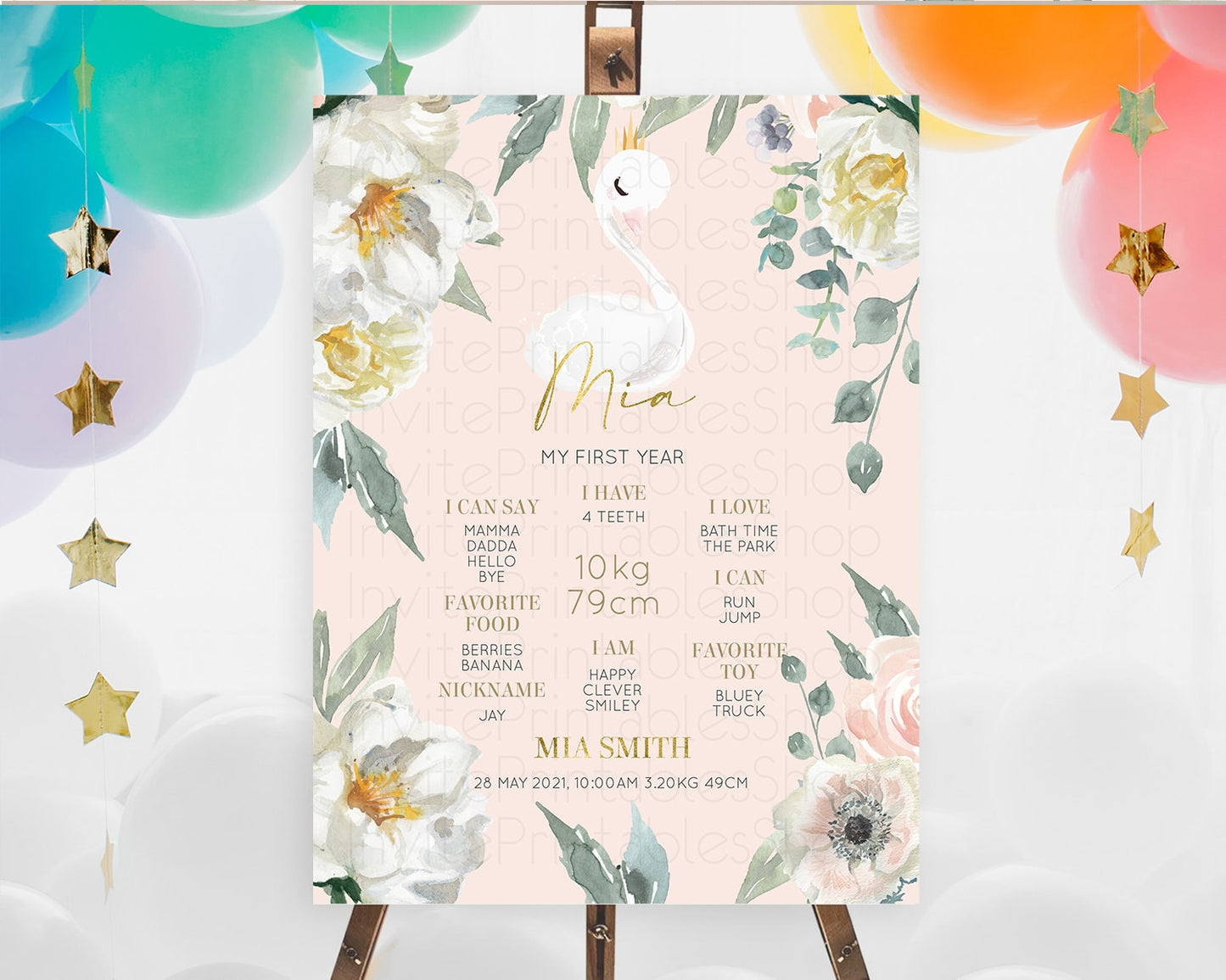 Swan First Birthday Milestone Poster Swan Princess Ballet Milestone Board Enchanted Forest Swan Lake Secret Garden Pastel Floral D10115