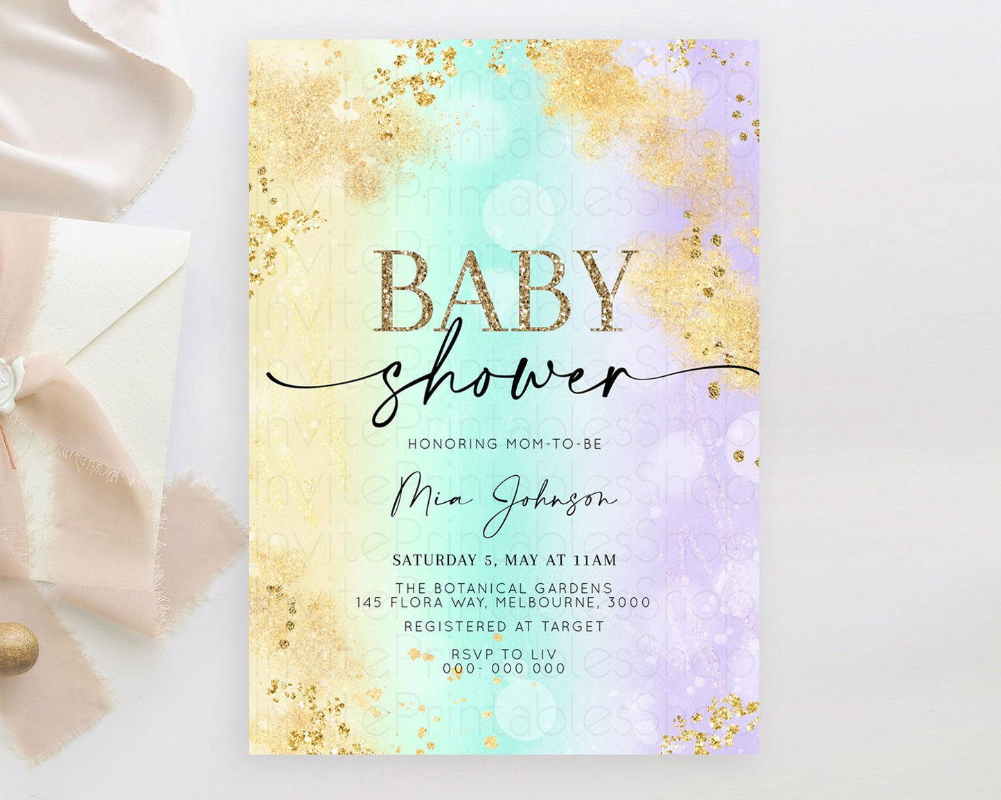 Pastel Baby Shower Invitation Rainbow Baby Shower Invitation Colorful Pastel Watercolor Invitation Gold Glitter Sprinkles Ombre D10672