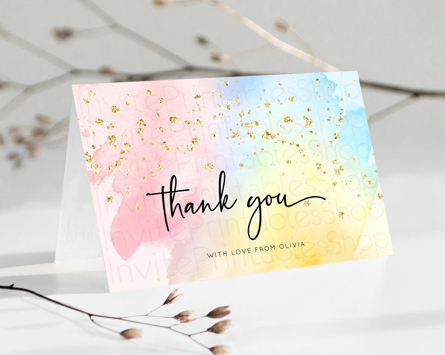 Pastel Thank You Rainbow Thank You Card Colorful Pastel Birthday Thank You Card Confetti Watercolor Pastel Teacher Thank You Cards D10557