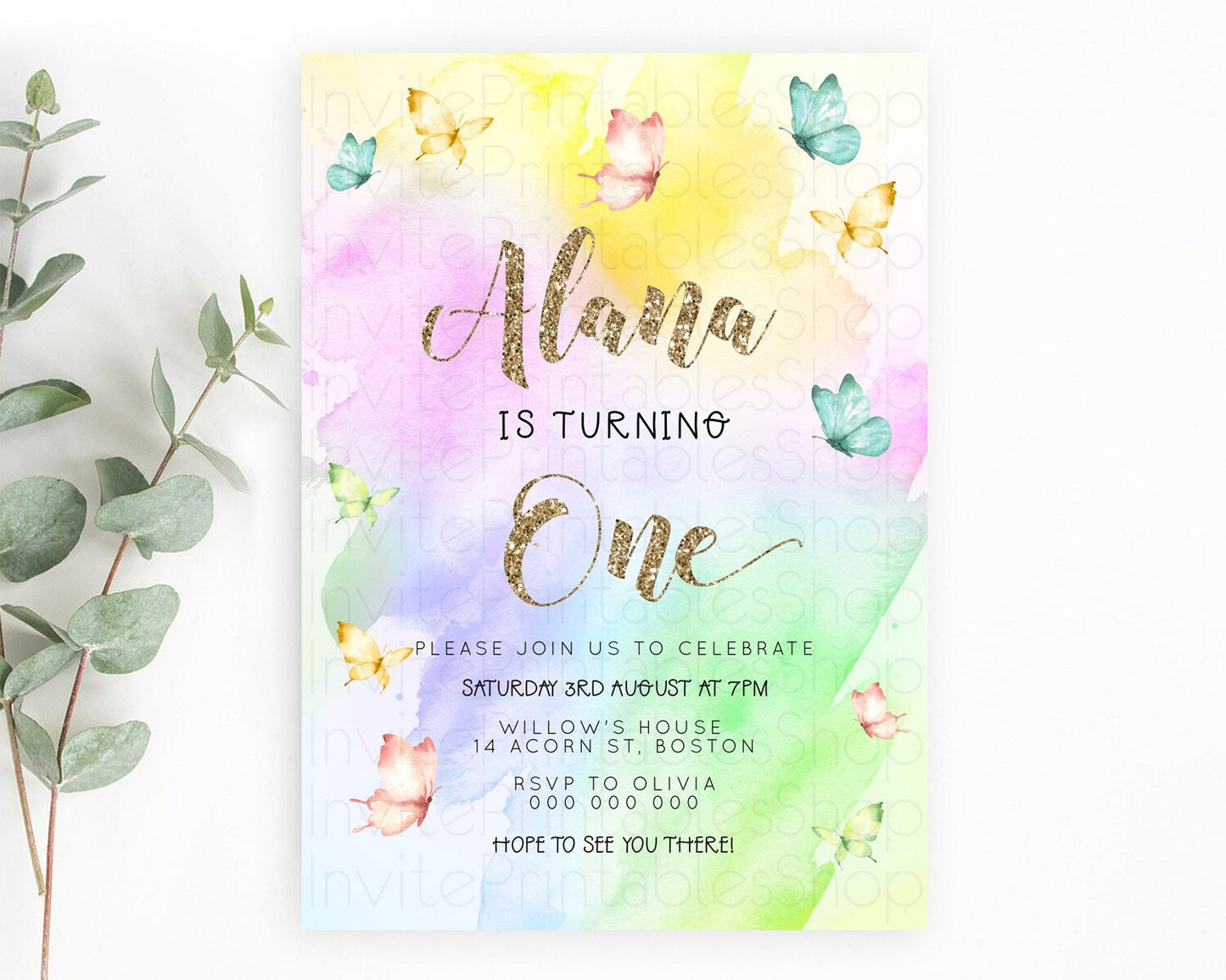 Pastel Butterfly Birthday Invitation Butterfly Birthday Invitation Colorful Splash Glitter Butterfly Garden 1st 2nd Birthday D23258