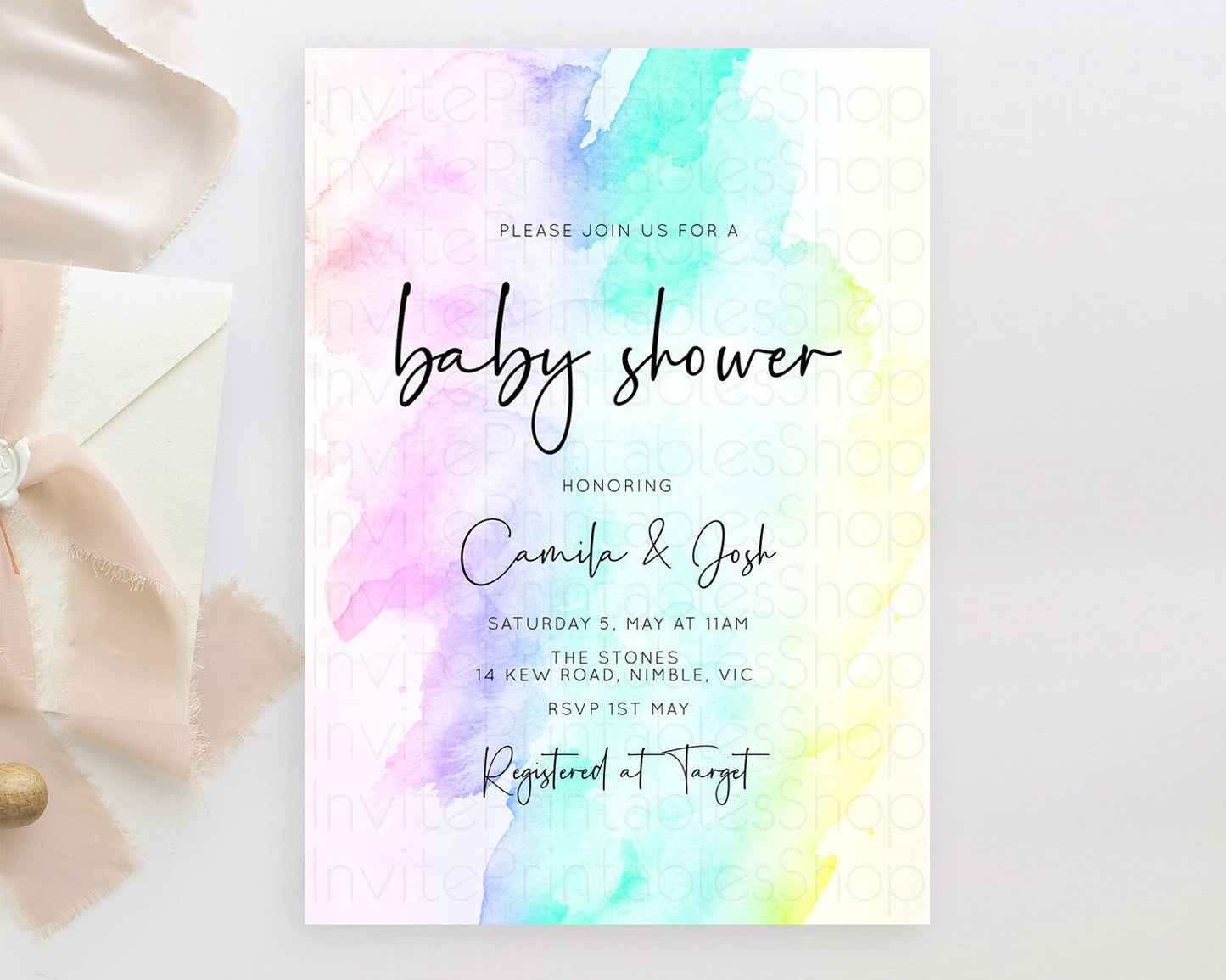 Pastel Baby Shower Invitation Rainbow Baby Shower Invitation Colorful Pastel Watercolor Invitation Gold Glitter Sprinkles Ombre D10231