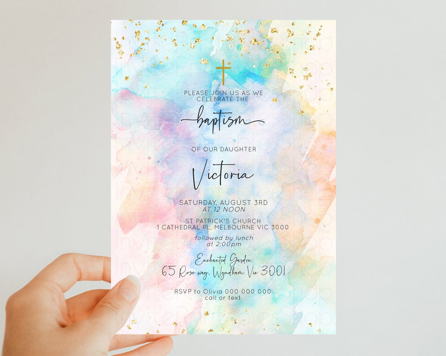 Rainbow Baptism invitation Pastel Rainbow Christening Invite Ombre Watercolor Invite Gold Glitter Sprinkle Splash Cross Religious 276v3