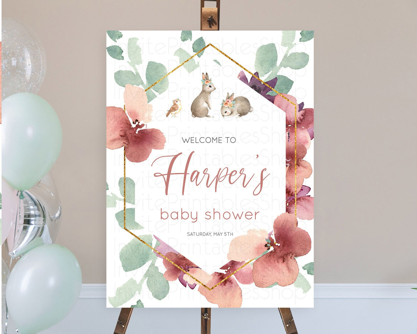 Bunny Baby Shower Welcome Sign Floral Bunny Welcome Board Pastel Flowers Woodland Bunny Welcome Poster Forest Bunny Welcome Sign D11033