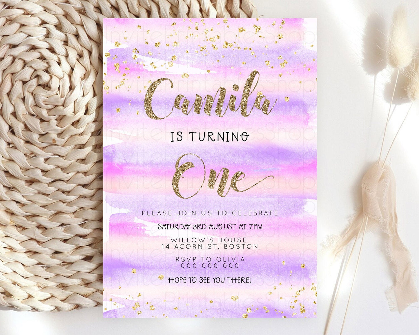 Pink Birthday Invitation pink Watercolor Invitation Pastel pink Watercolor Invitation pink Splash Gold Invitation 1st First Birthday D23266