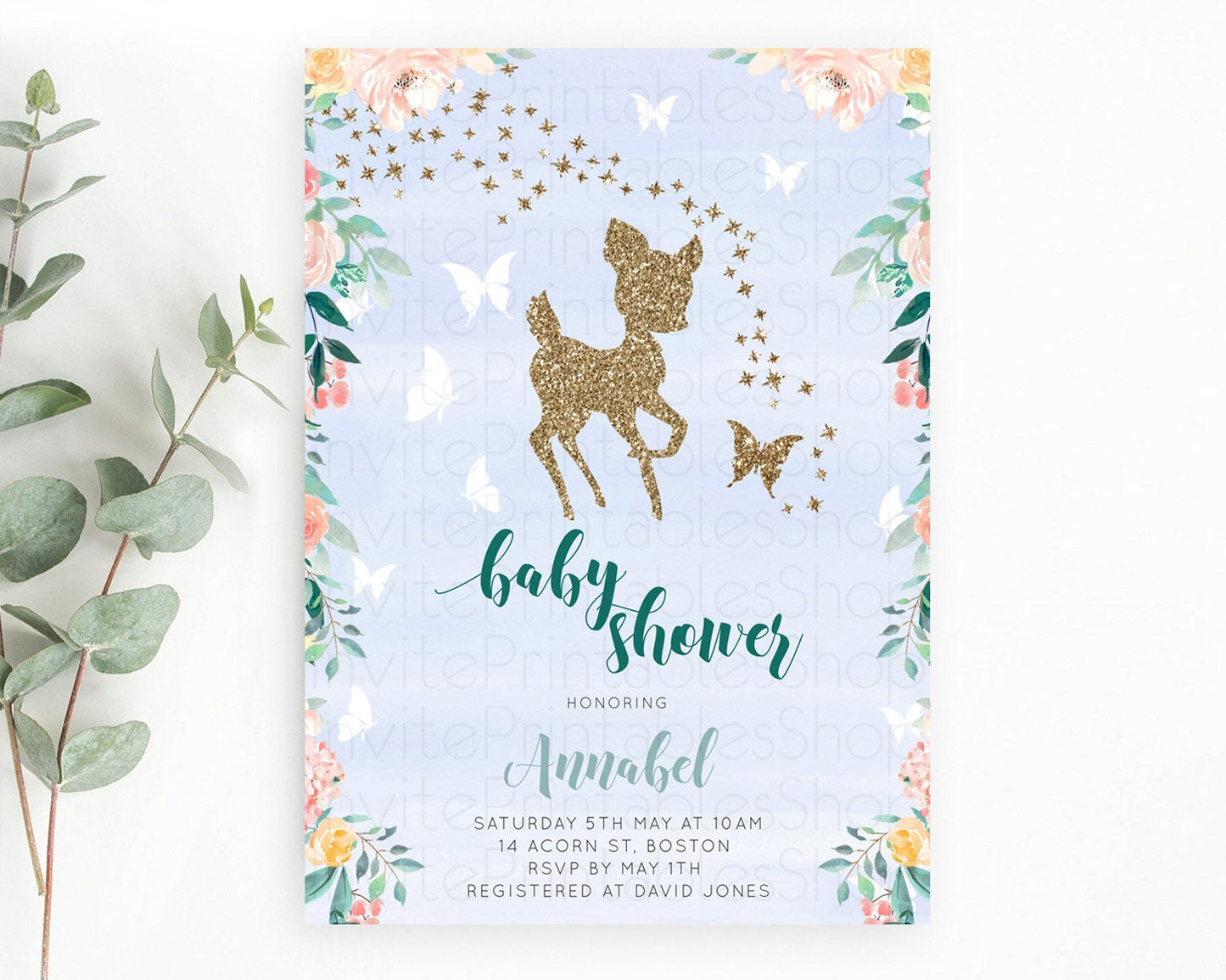 Fawn Baby Shower Invitation Deer Baby Shower Invites Enchanted Forest Theme Butterfly Pastel Flowers Whimsical Baby Shower D10875