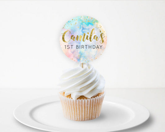 Editable Rainbow Cupcake Toppers Pastel Cupcake Toppers Colorful Pastel Wate