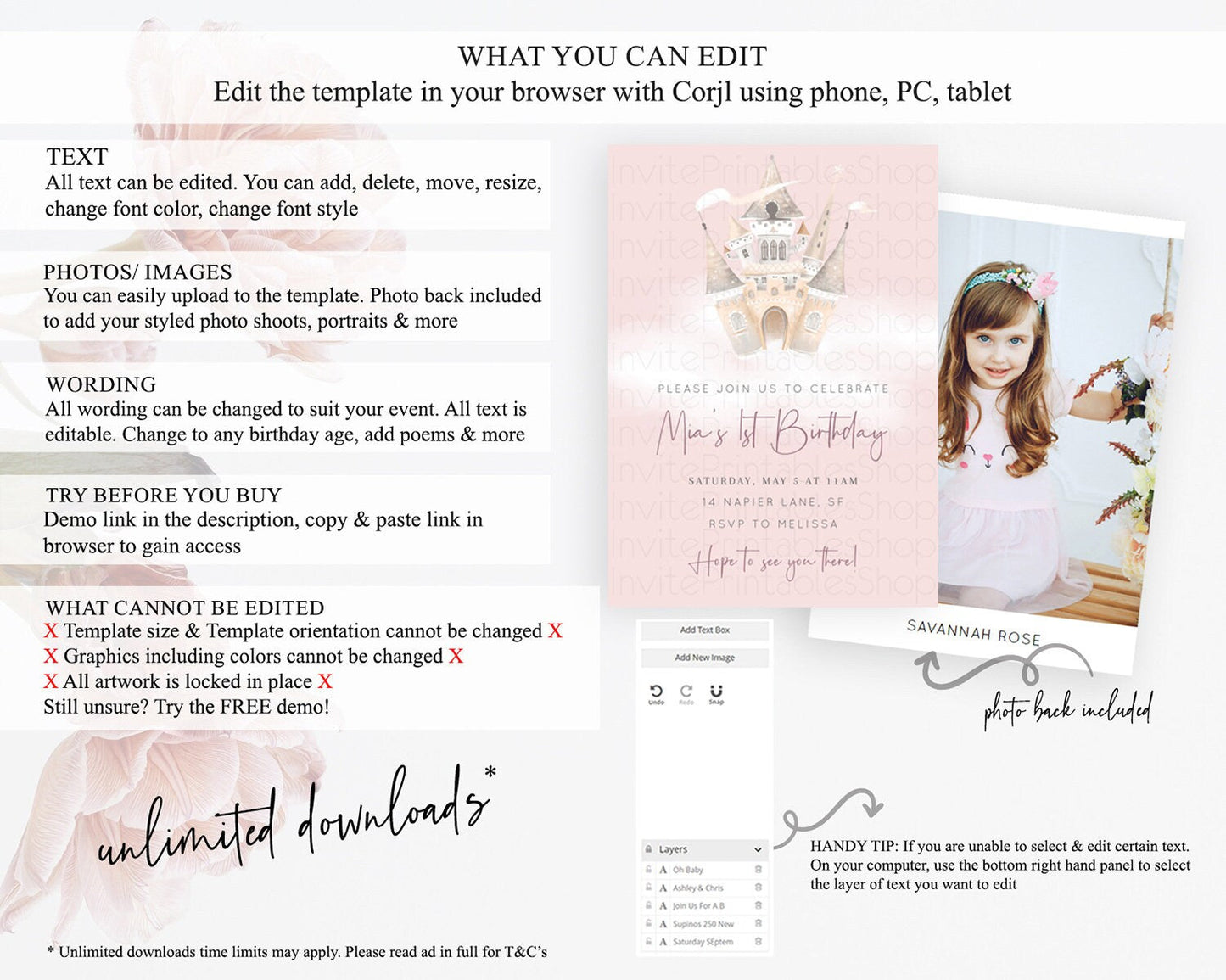 Princess Birthday Invitation Princess Invitation Pastel Invitation Royal Birthday Rainbow Color Enchanted Castle 1st First Birthday D10252