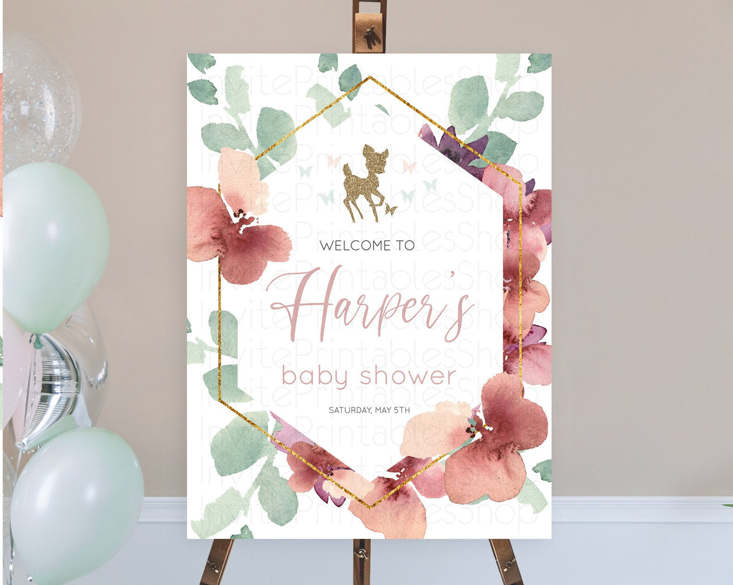 Fawn Baby Shower Welcome Sign Deer Welcome Board Floral Deer Welcome Poster Enchanted Forest Butterfly Pastel Floral Welcome Sign D10459