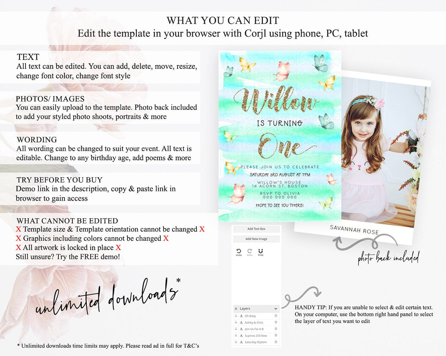 Pastel Butterfly Birthday Invitation Butterfly Birthday Invitation Colorful Splash Glitter Butterfly Garden 1st 2nd Birthday D23220