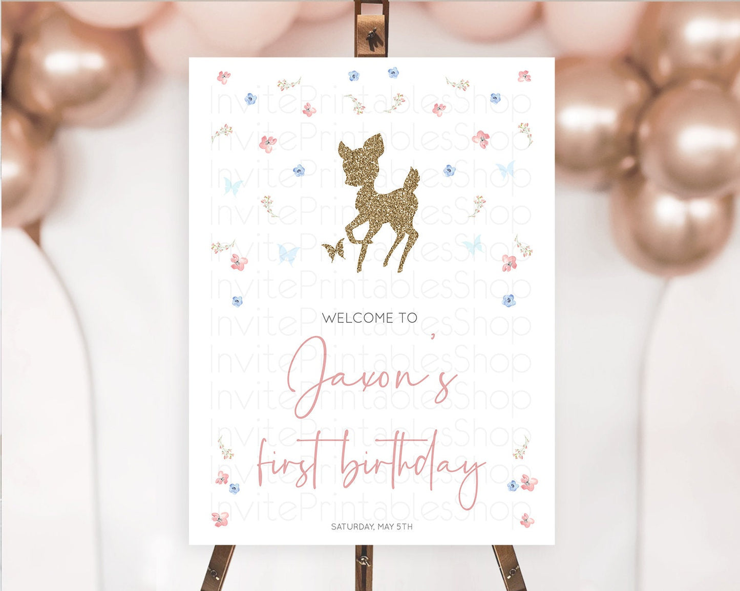 Fawn Welcome Sign Deer Welcome Board Floral Deer Welcome Poster Enchanted Forest Butterfly Pastel Floral First Birthday Welcome Sign D10359