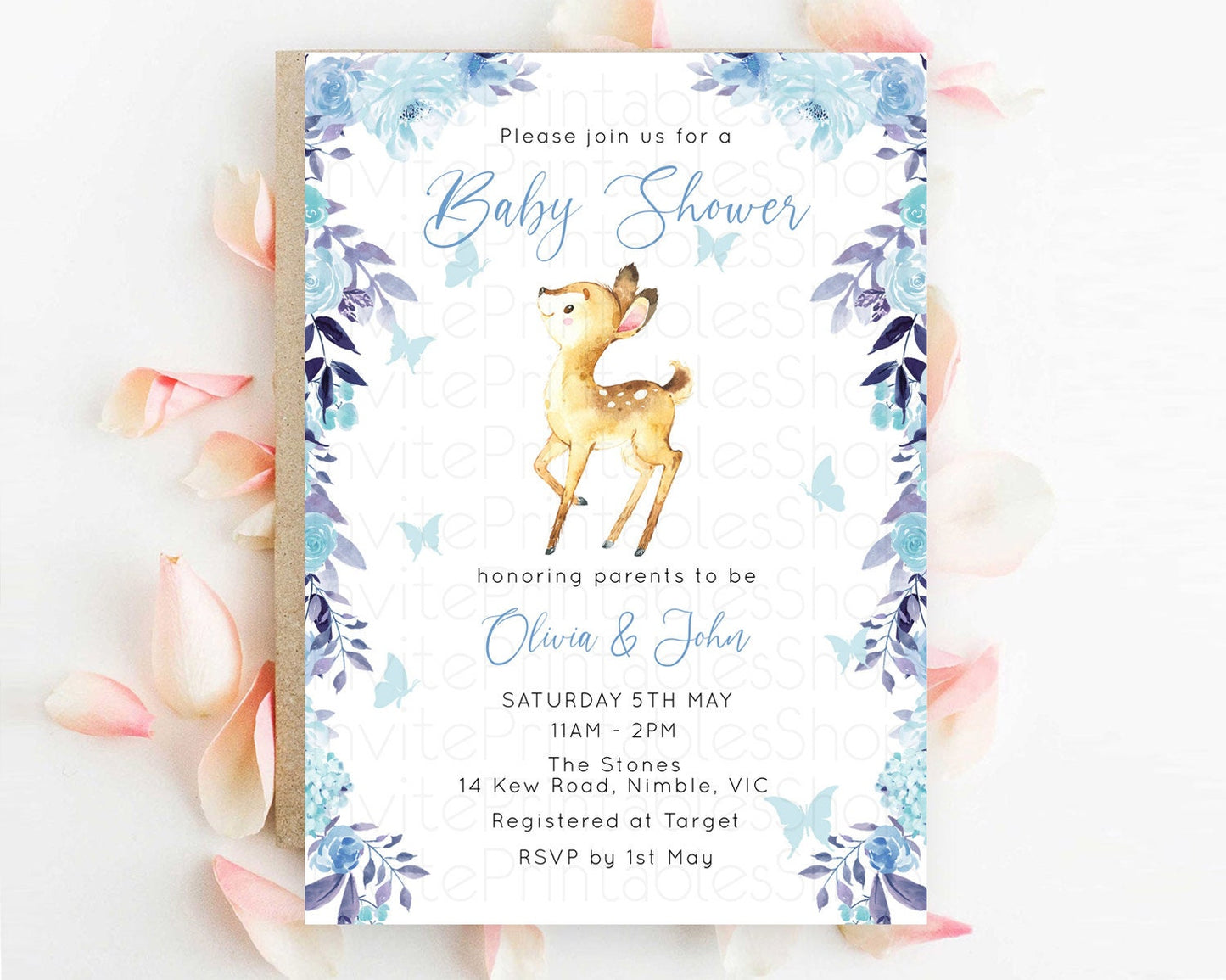 Enchanted Forest Baby Shower Invitation: Secret Garden Fawn, Deer, Butterflies, and Blue Flowers - Whimsical Woodland Theme D10917