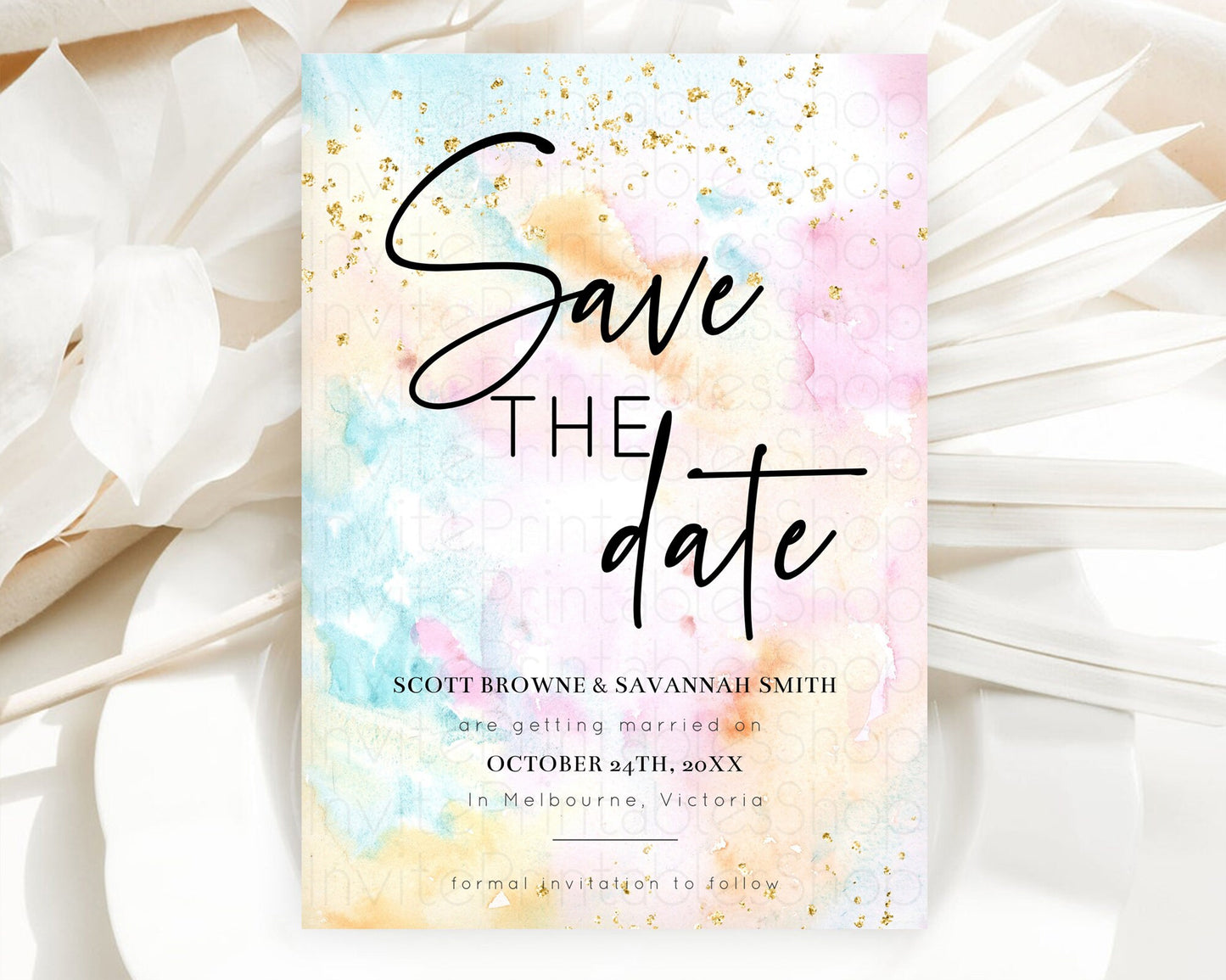 Pastel Save The Date Template Pastel Ombre Rainbow Watercolor Colorful Party For Birthday Baptism Baby Shower Wedding Bridal Shower D10548