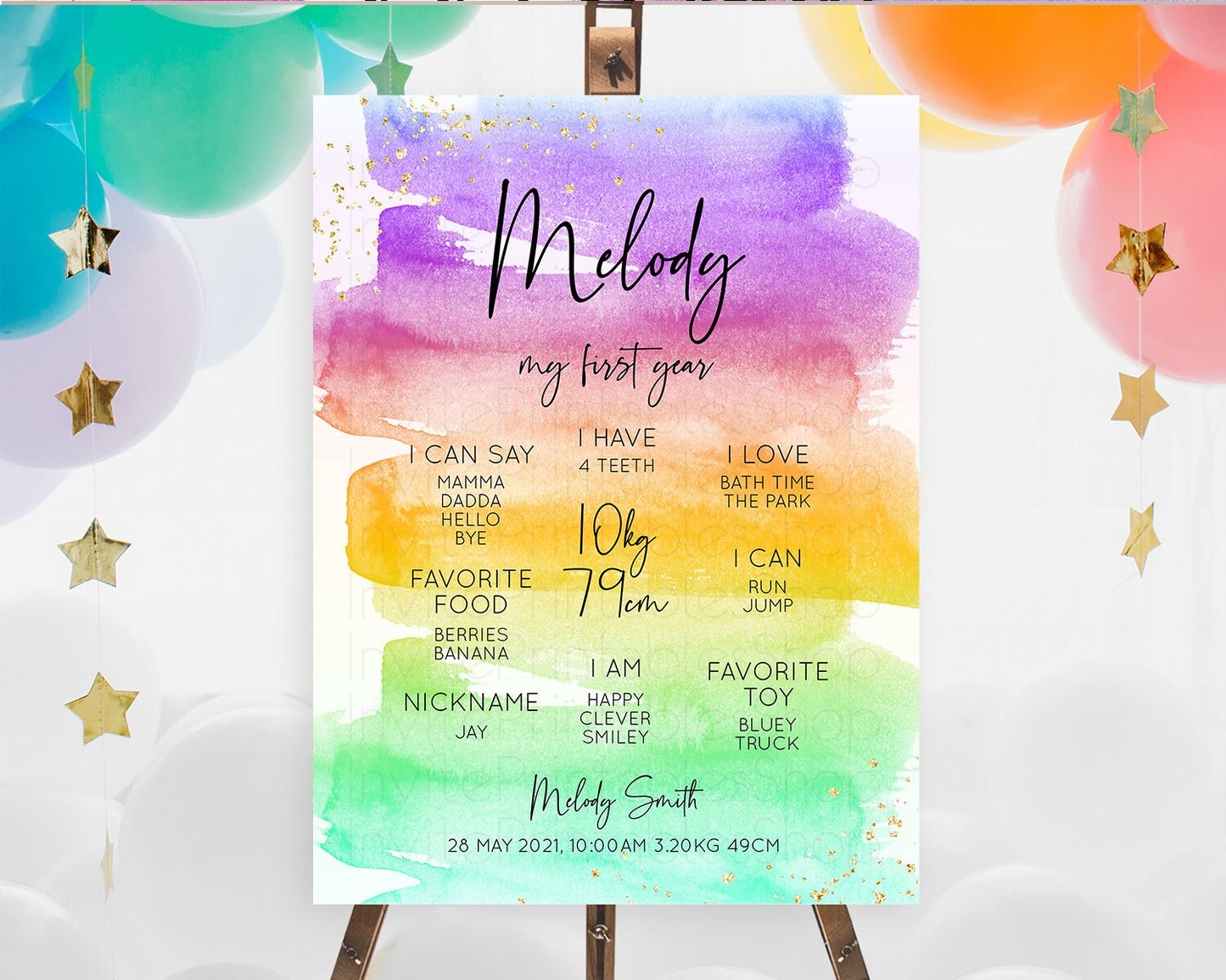 Pastel First Birthday Milestone Board Pastel Rainbow Milestone Poster Colorful Confetti Watercolor Glitter 1st Birthday Welcome Sign D10524
