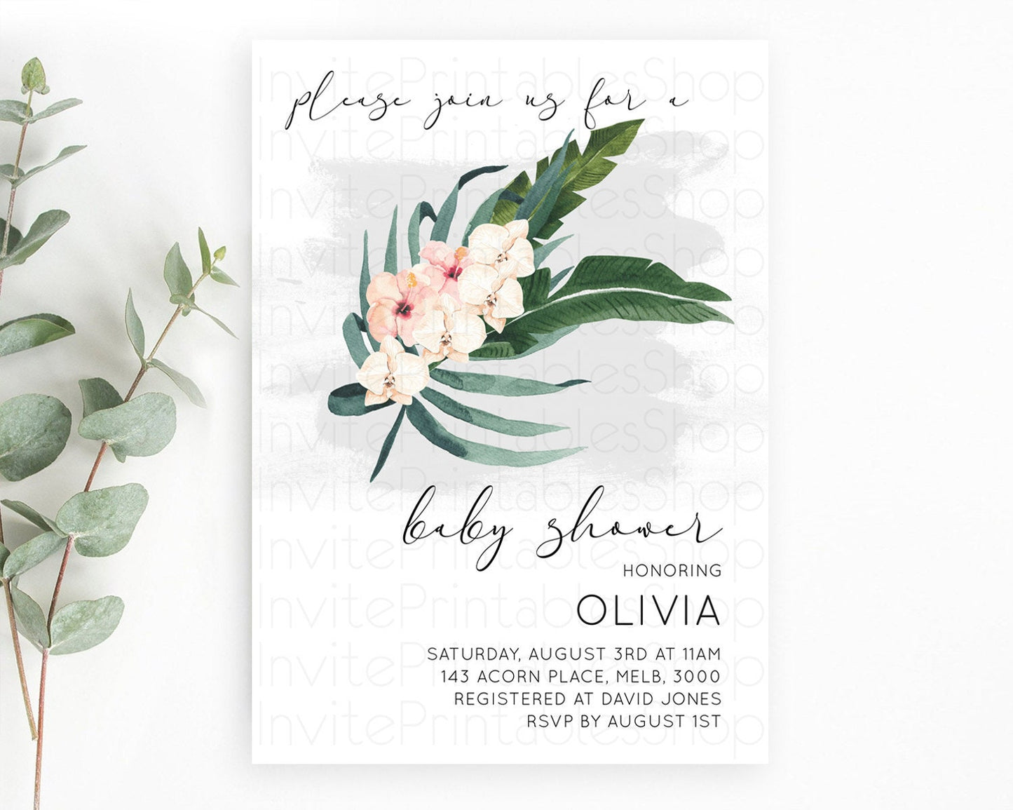 Tropical baby Shower Invitation Tropical Floral Baby Shower Invitation Palm Leaf Fern Invitation Frangipani White Orchid Invitation D11011