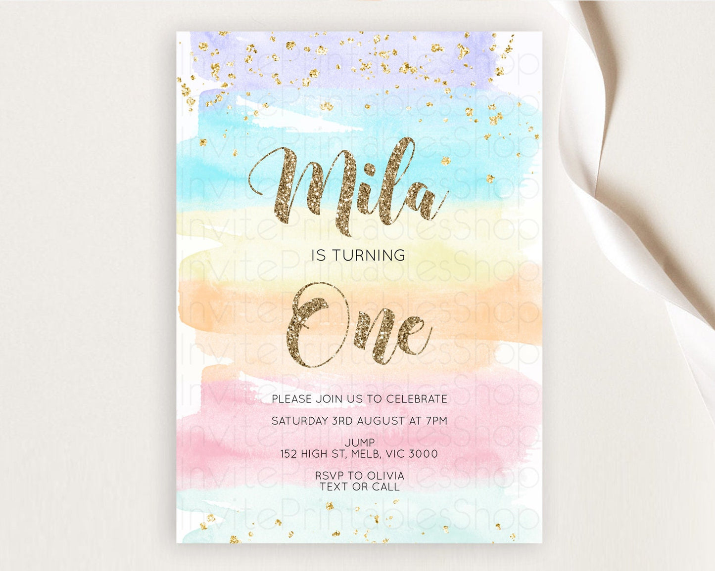 Rainbow Birthday Invitation Colorful Pastel Watercolor Invitation Gold Glitter Sprinkles Ombre Pastel 1st 2nd 3rd Birthday D10508