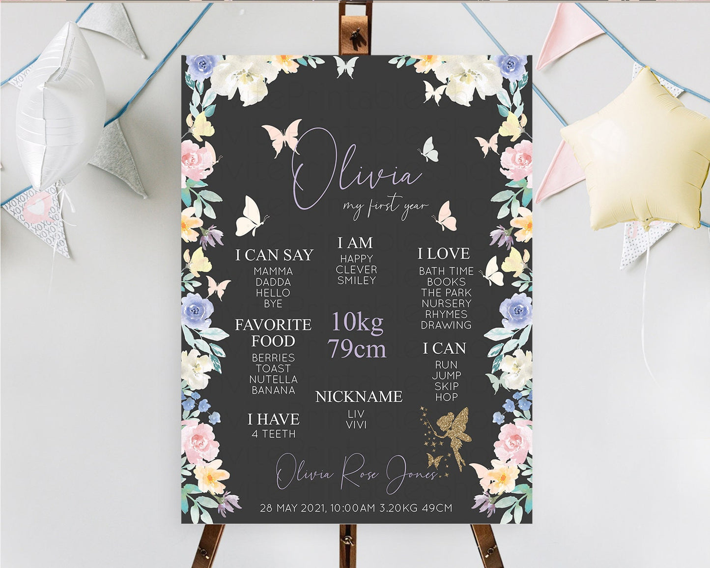 Fairy First Birthday Milestone Poster Fairy Secret Garden Milestone Board Enchanted Garden Pastel Floral Butterfly 1st Birthday Sign D10881