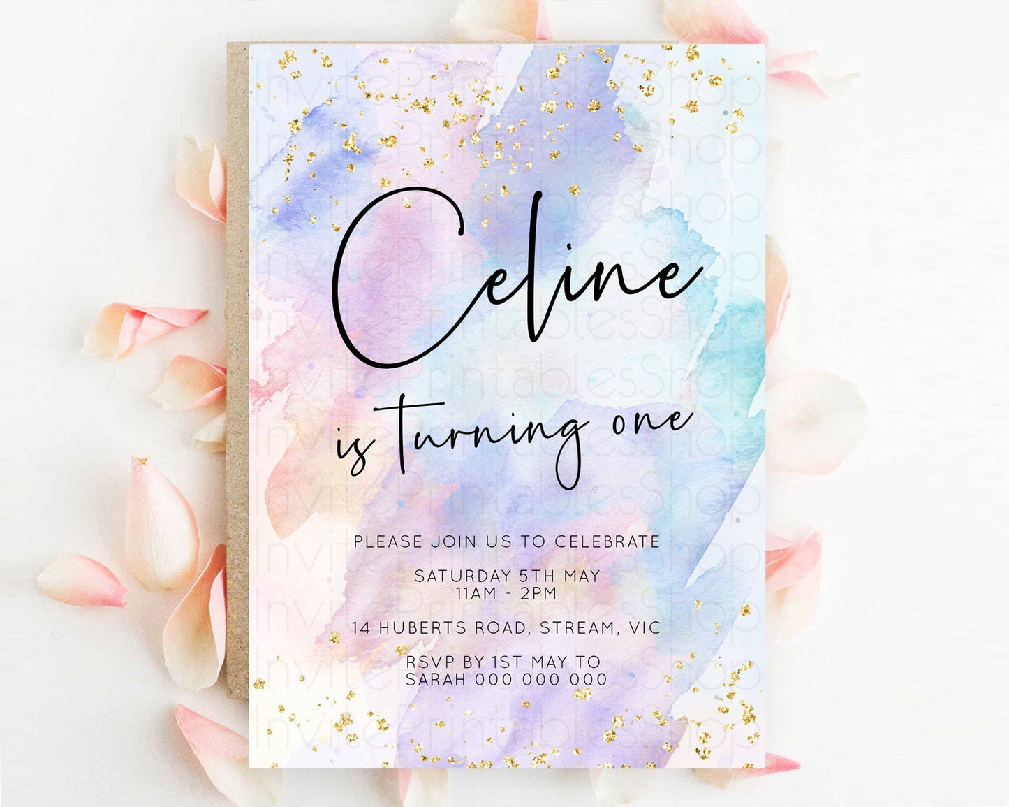 Rainbow Birthday Invitation Colorful Pastel Watercolor Invitation Gold Glitter Sprinkles Ombre Pastel 1st 2nd 3rd Birthday D10585