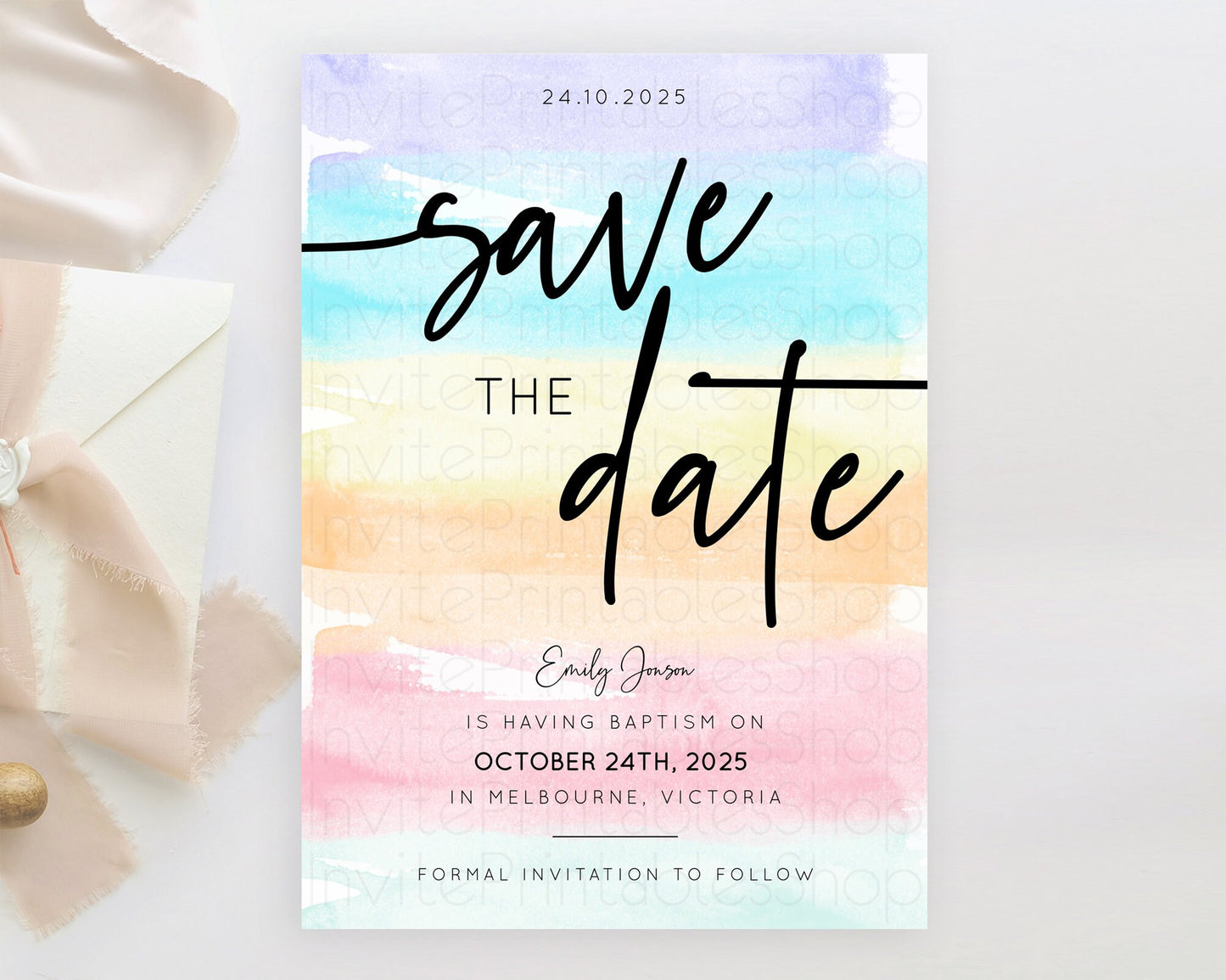 Pastel Save The Date Template Pastel Ombre Rainbow Watercolor Colorful Party For Birthday Baptism Baby Shower Wedding Bridal Shower D10505