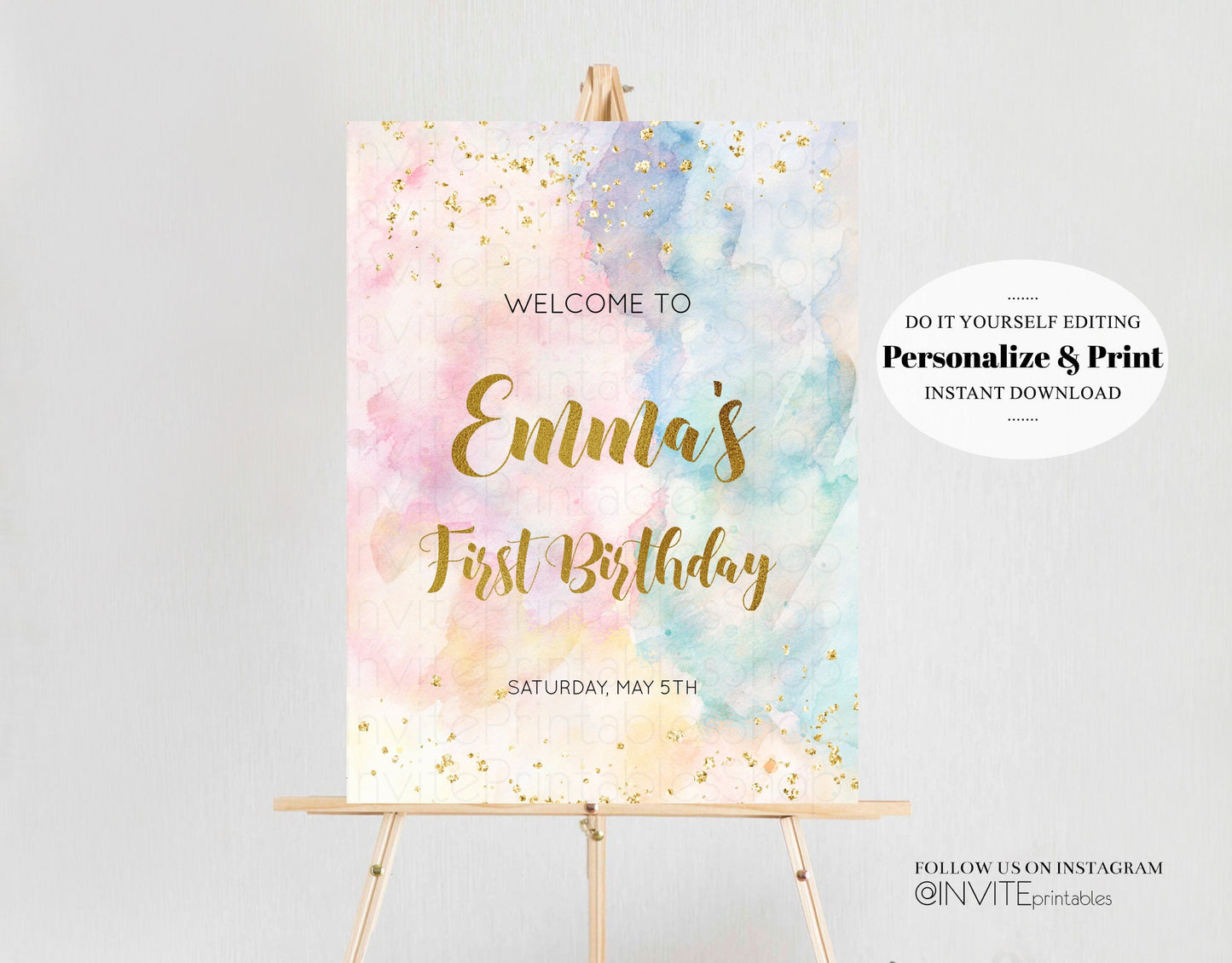 Rainbow Welcome Sign Pastel Watercolor Welcome Board Gold Glitter Foil Colorful Paint Splash Party Entry Sign Poster Birthday 276