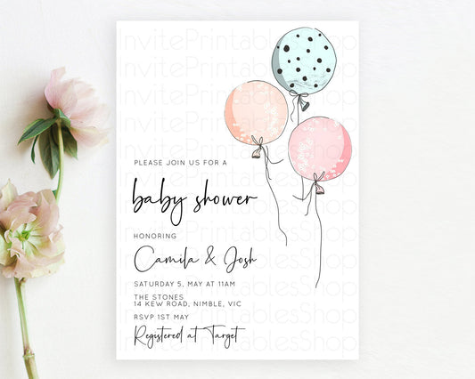 Modern Pastel Balloon Baby Shower Invitation Soft Pastels with Colorful Pink, Blue Rainbow Theme for a Cute Gender Reveal Celebration D10868