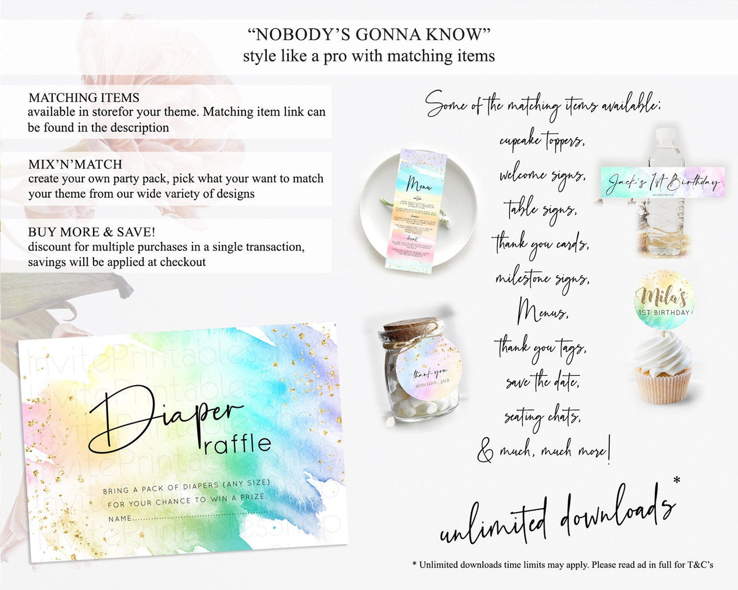 Pastel Diaper Raffle Card Pastel Rainbow Diaper Raffle Insert Colorful Ombre Watercolor Diaper Ticket Confetti Glitter Raffle Game D10279