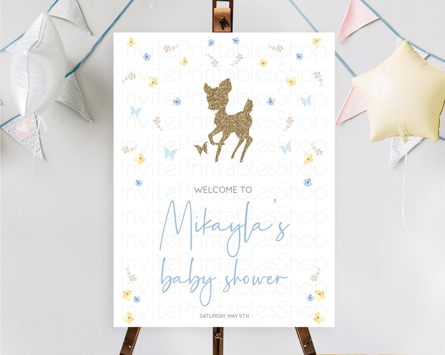 Fawn Baby Shower Welcome Sign Deer Welcome Board Floral Deer Welcome Poster Enchanted Forest Butterfly Pastel Floral Welcome Sign D10360