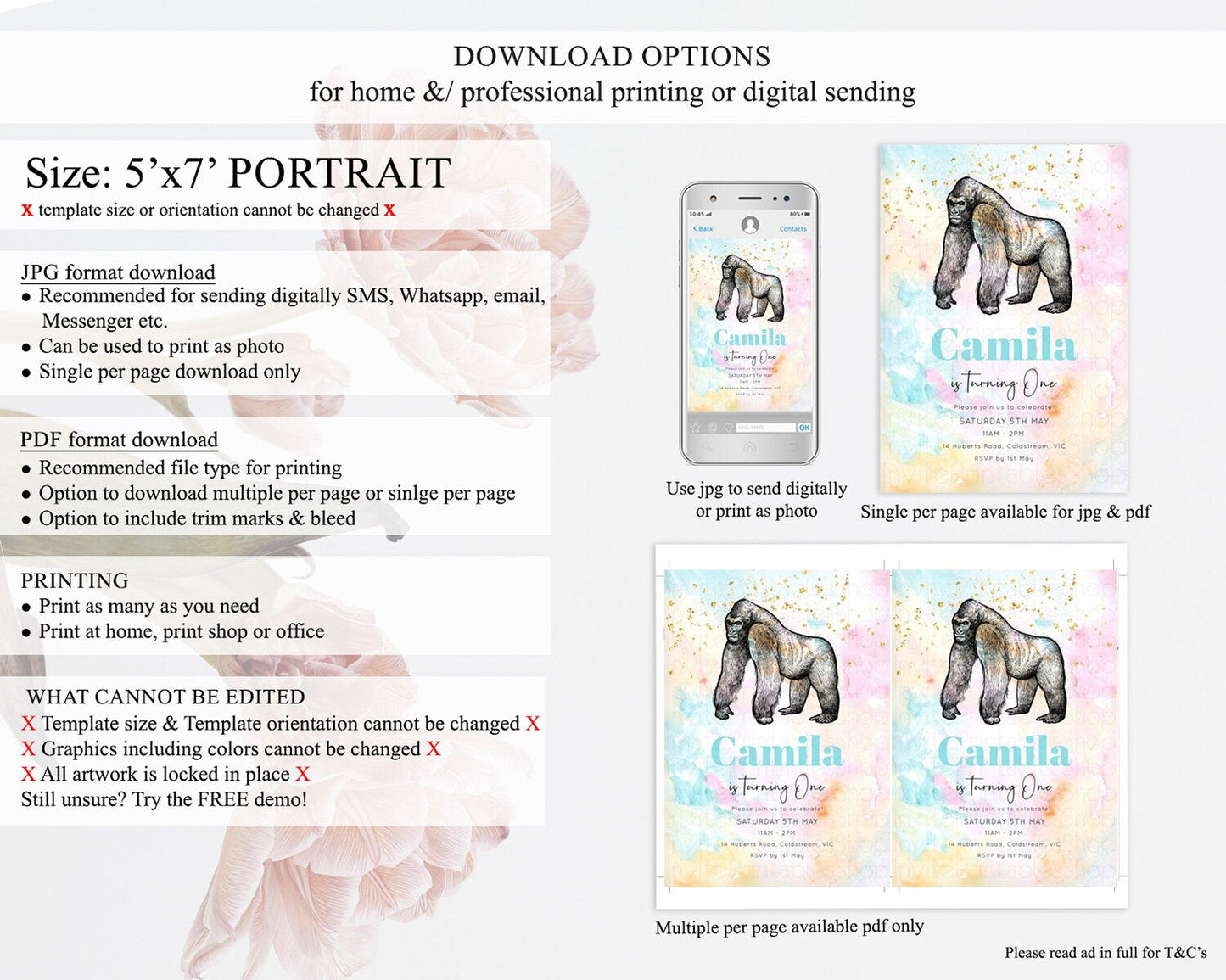 Pastel Gorilla Birthday Invitation Pastel Gorilla Invitation Rainbow Gorilla Invitation Pastel Watercolor Invite Safari Zoo Glitter D10284